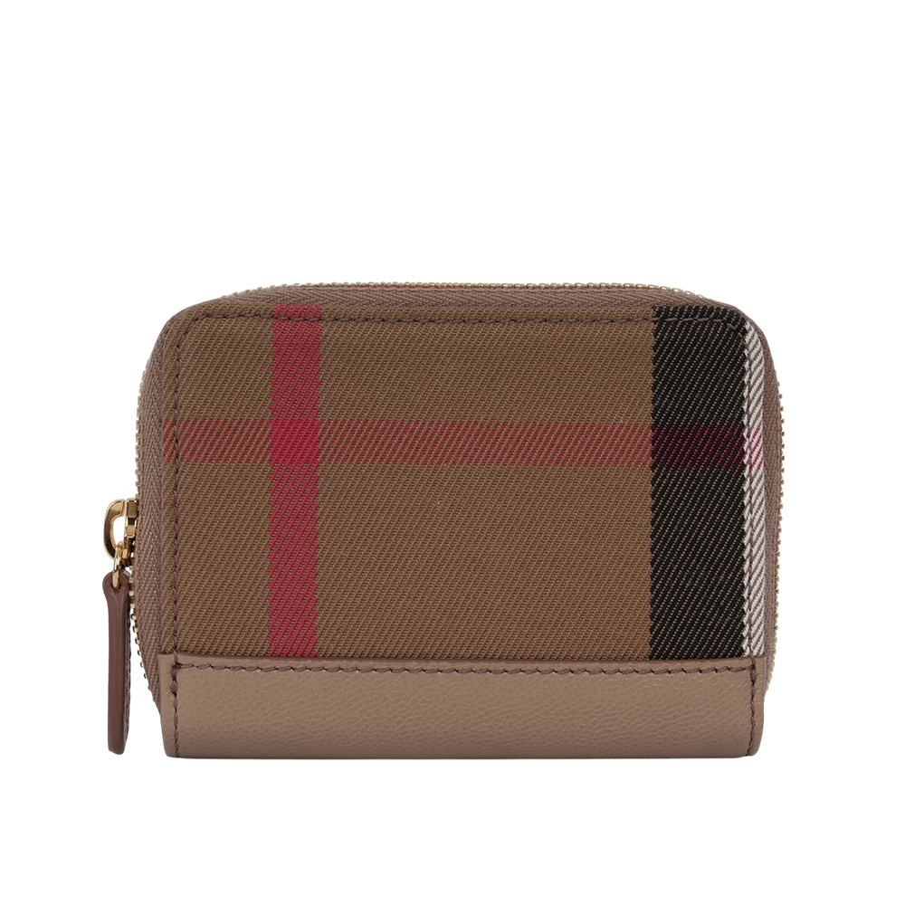 【BURBERRY】大格紋帆布及牛皮ㄇ形拉鍊零錢包/卡夾包