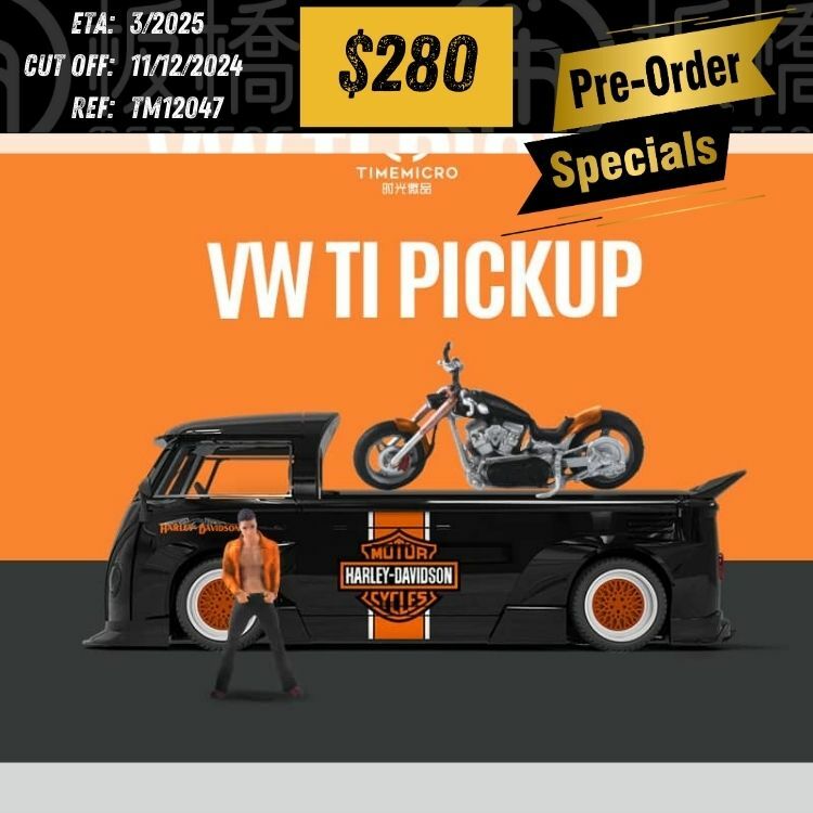 PO-$280 * TIME MICRO * 1:64 BLACK ORANGE HARLEY + VW T1 VAN + FIGURE [OD04/12]