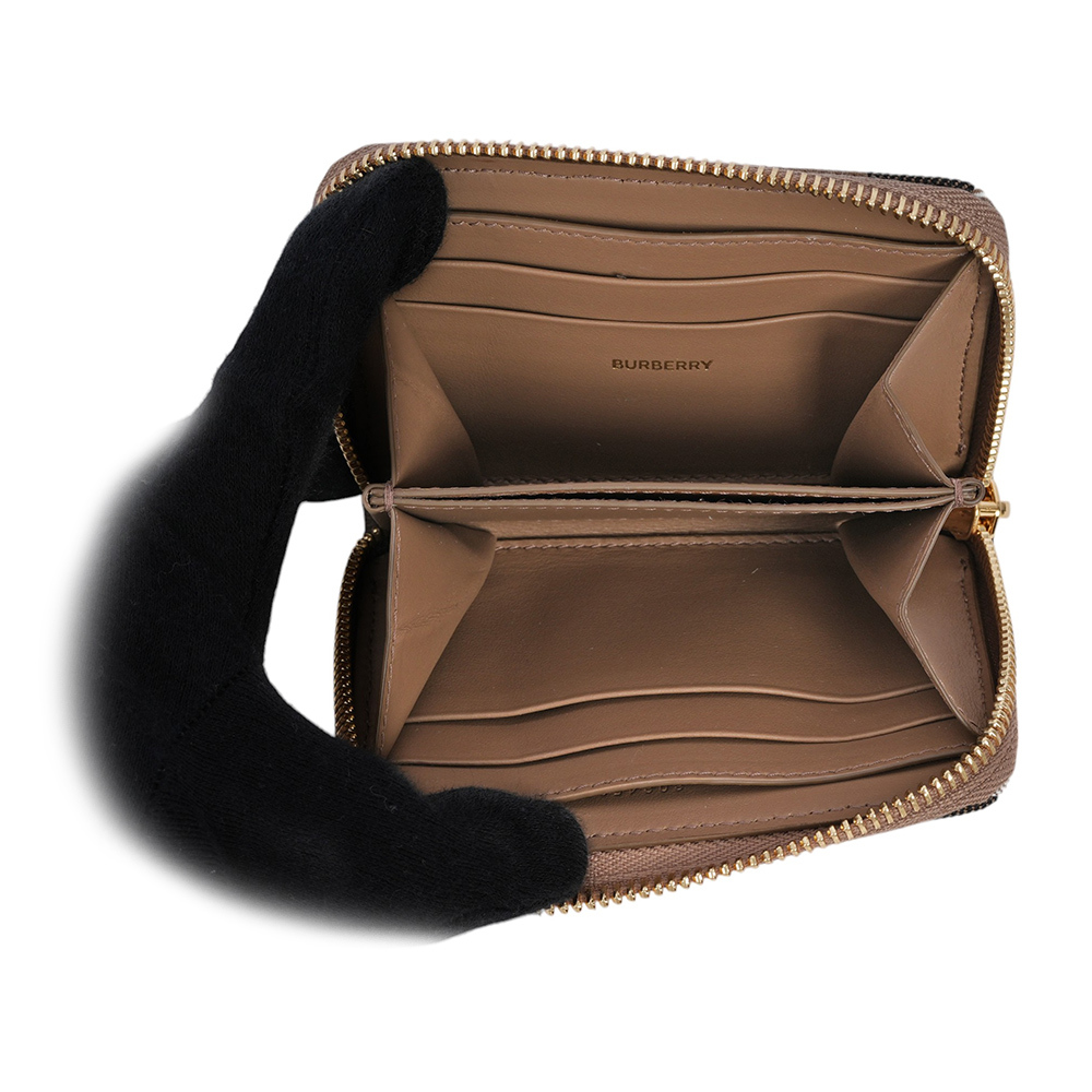 【BURBERRY】大格紋帆布及牛皮ㄇ形拉鍊零錢包/卡夾包(栗子色)80845281