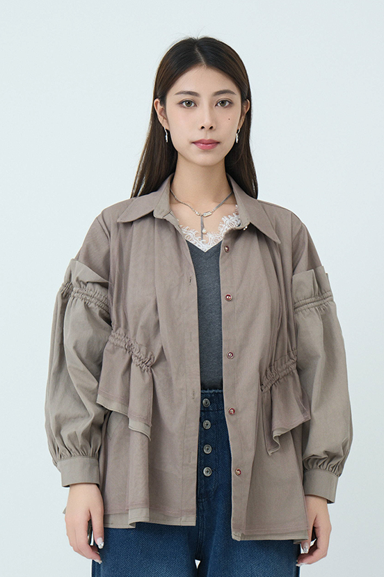 束繩荷葉拼網紗恤衫外套  (現貨款式）
