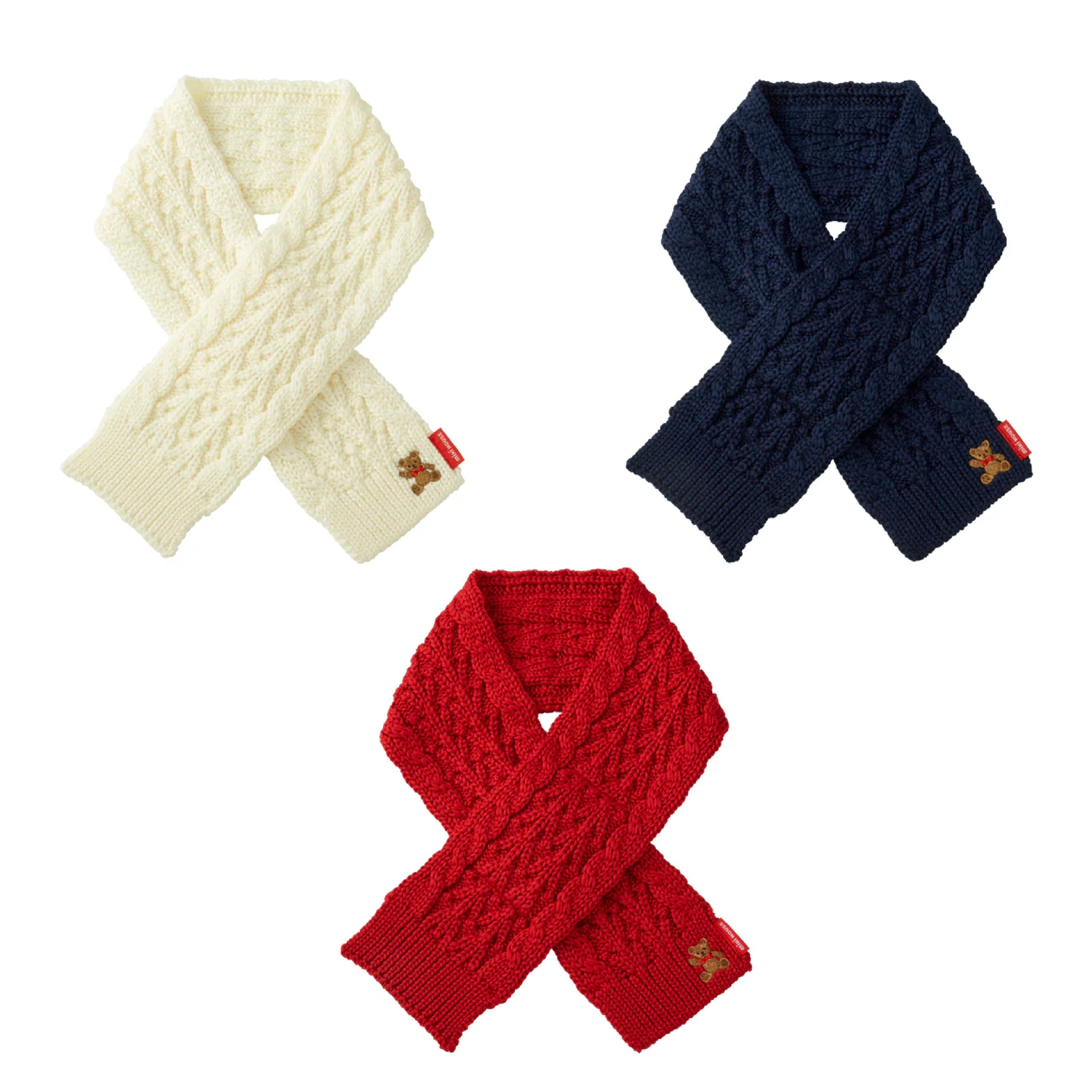 麻花編織小熊刺繡圍巾-共三色