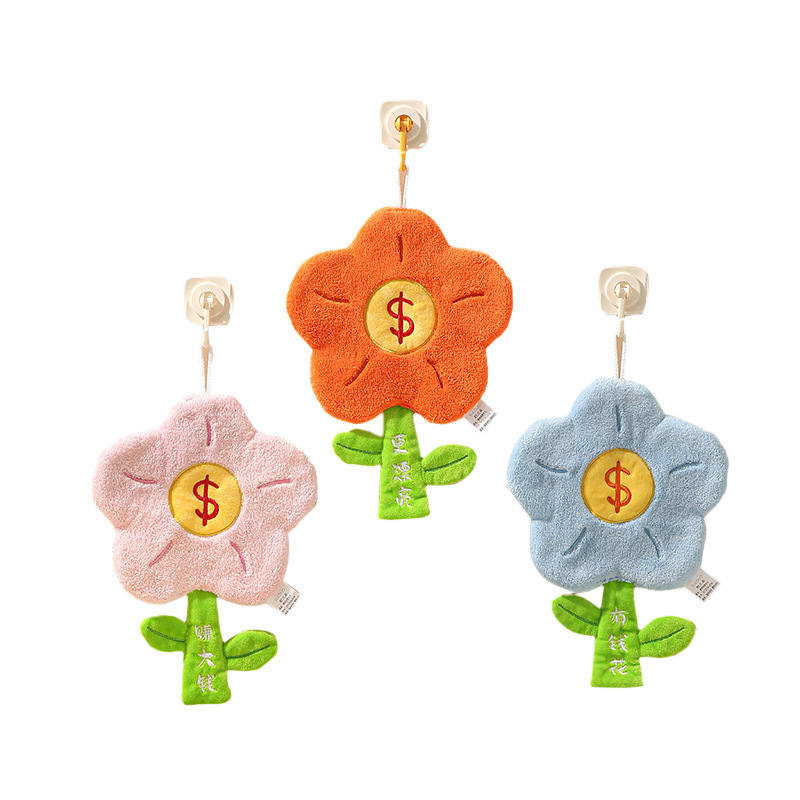 《5373》可掛式珊瑚絨發財花朵擦手巾