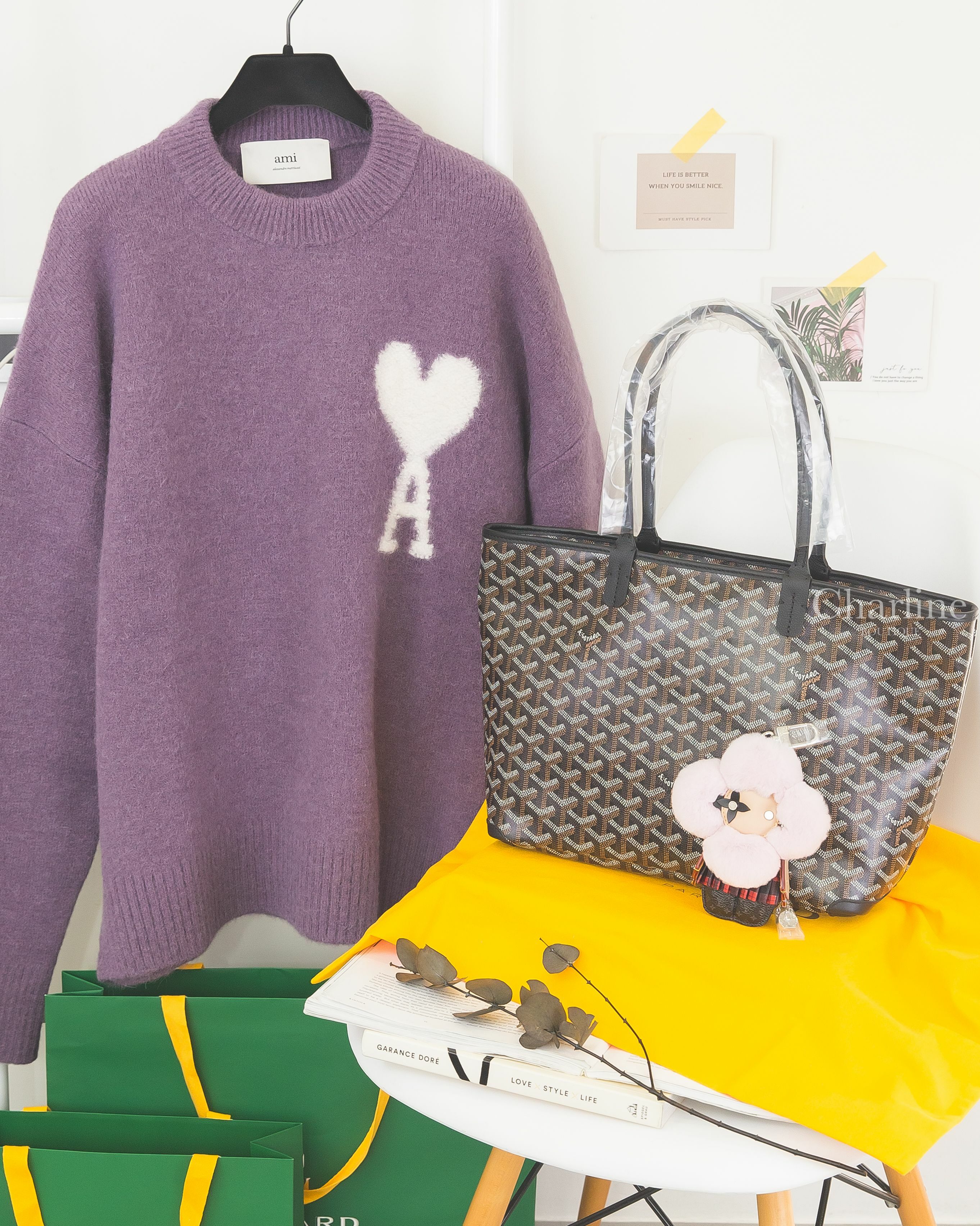 Louis Vuitton Vivienne黑色老花淡紫色絨毛手提銀色鏈帶包紅黑格紋裙玩偶銀釦吊飾,Ami Paris紫丁香白色針織大愛心A羊毛長袖毛衣,Goyard Artois Pm黑色小型拉鍊托特包-Charline Boutique 精品代購