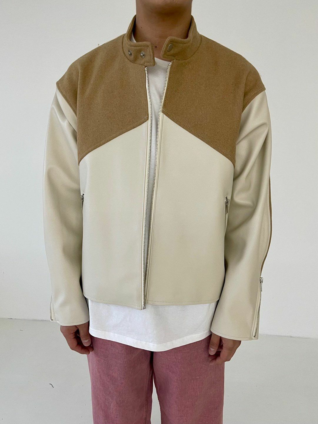 拼色企領拉鍊合成皮褸 LANE-062JK