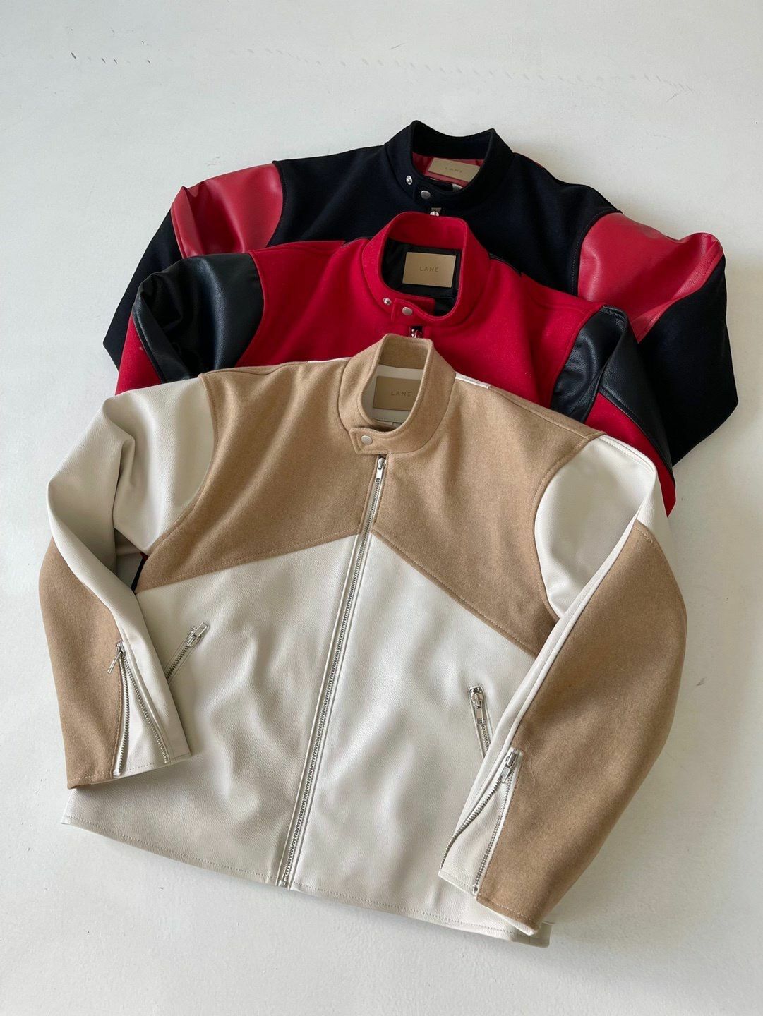拼色企領拉鍊合成皮褸 LANE-062JK