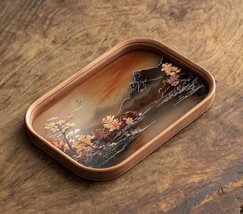 層林盡染長方圓角茶盤(小)