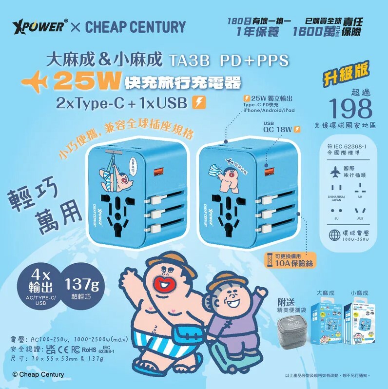 （2026新年限時優惠）XPower x 大麻成/小麻成 TA3B 25W 4輸出 PD 3.0/PPS旅行充電器