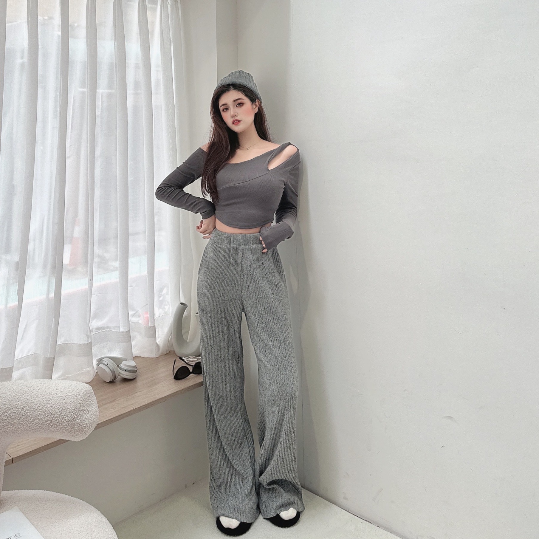 每天都想穿混織針織喇叭寬褲/三色