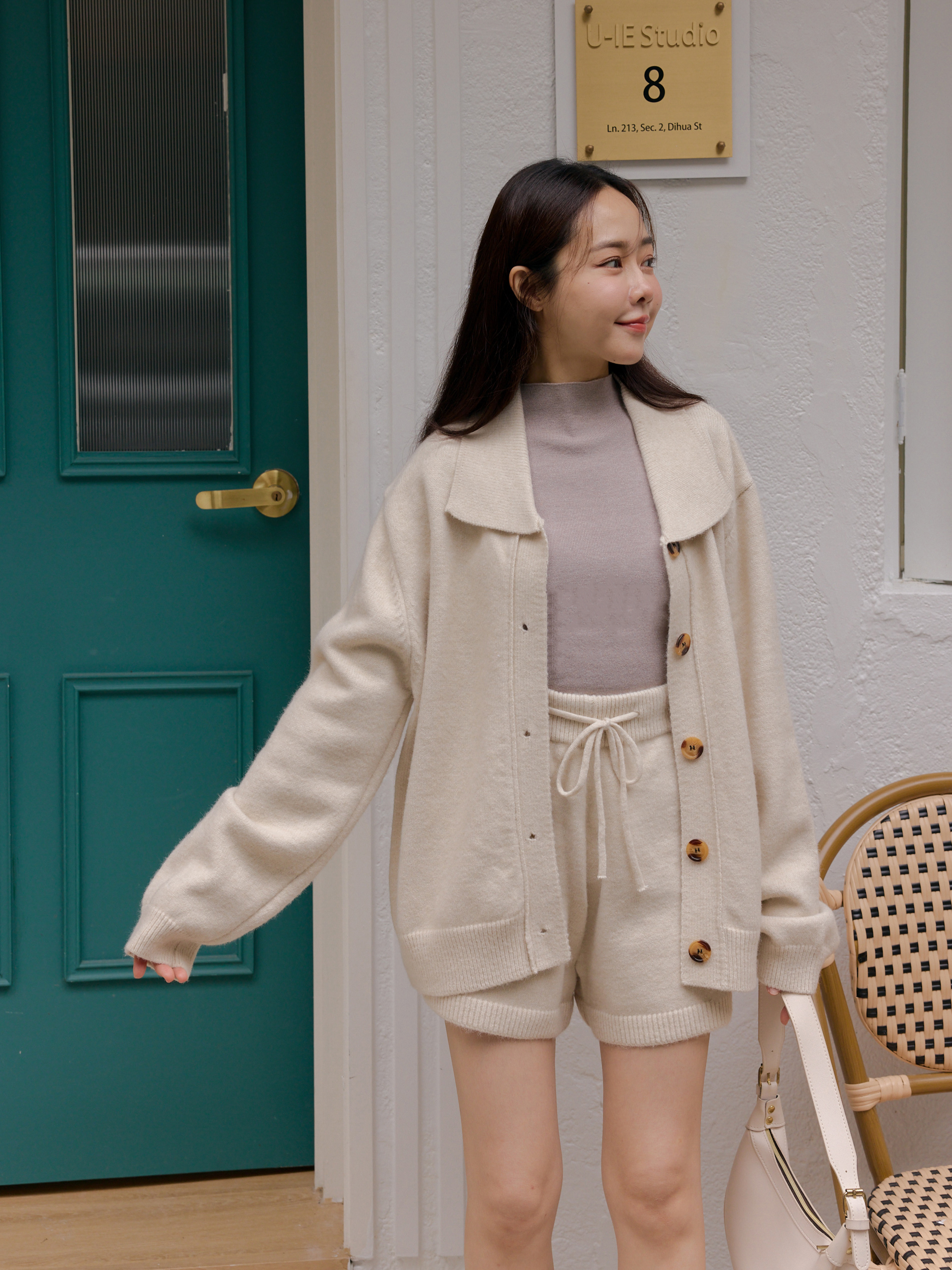 兩件式 翻領混色釦短褲套裝