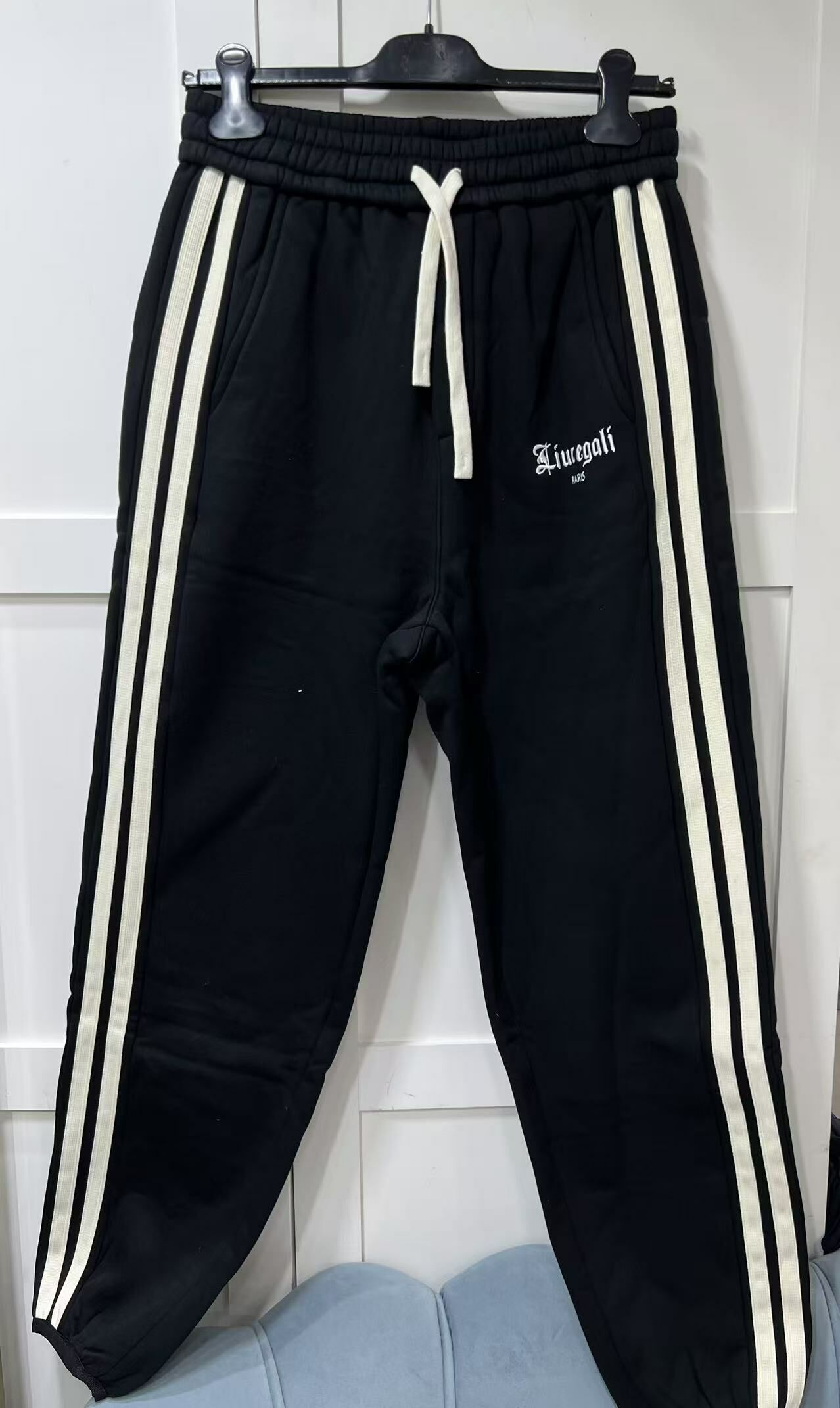 LIUREGALI 黑色白邊綁帶休閒運動褲 -M