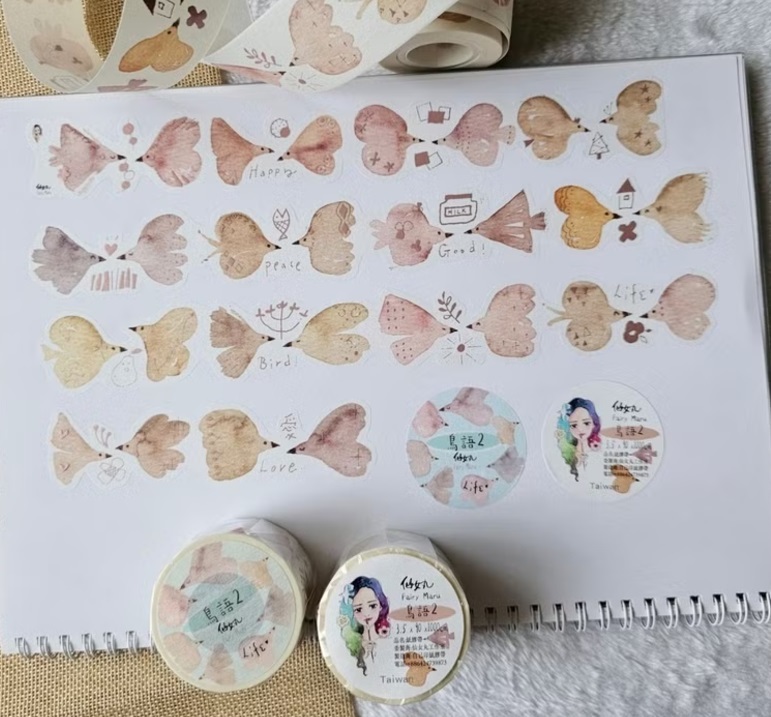 仙女丸Fairy Maru．鳥語2 3.5cm立體燙白亮面PET/霧粉金和紙膠帶 <整捲/分裝>