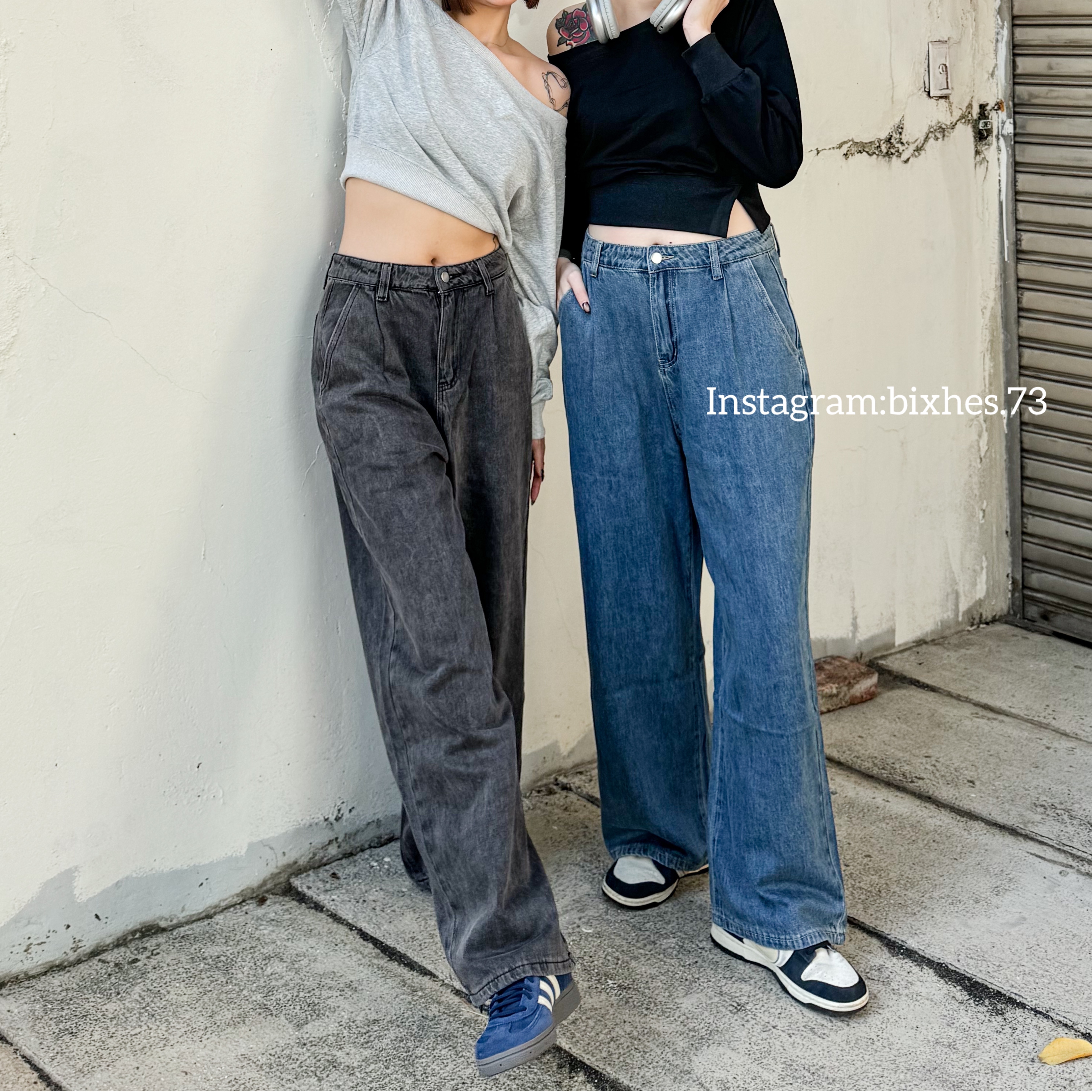 壓褶柔軟牛仔寬褲(E00003)