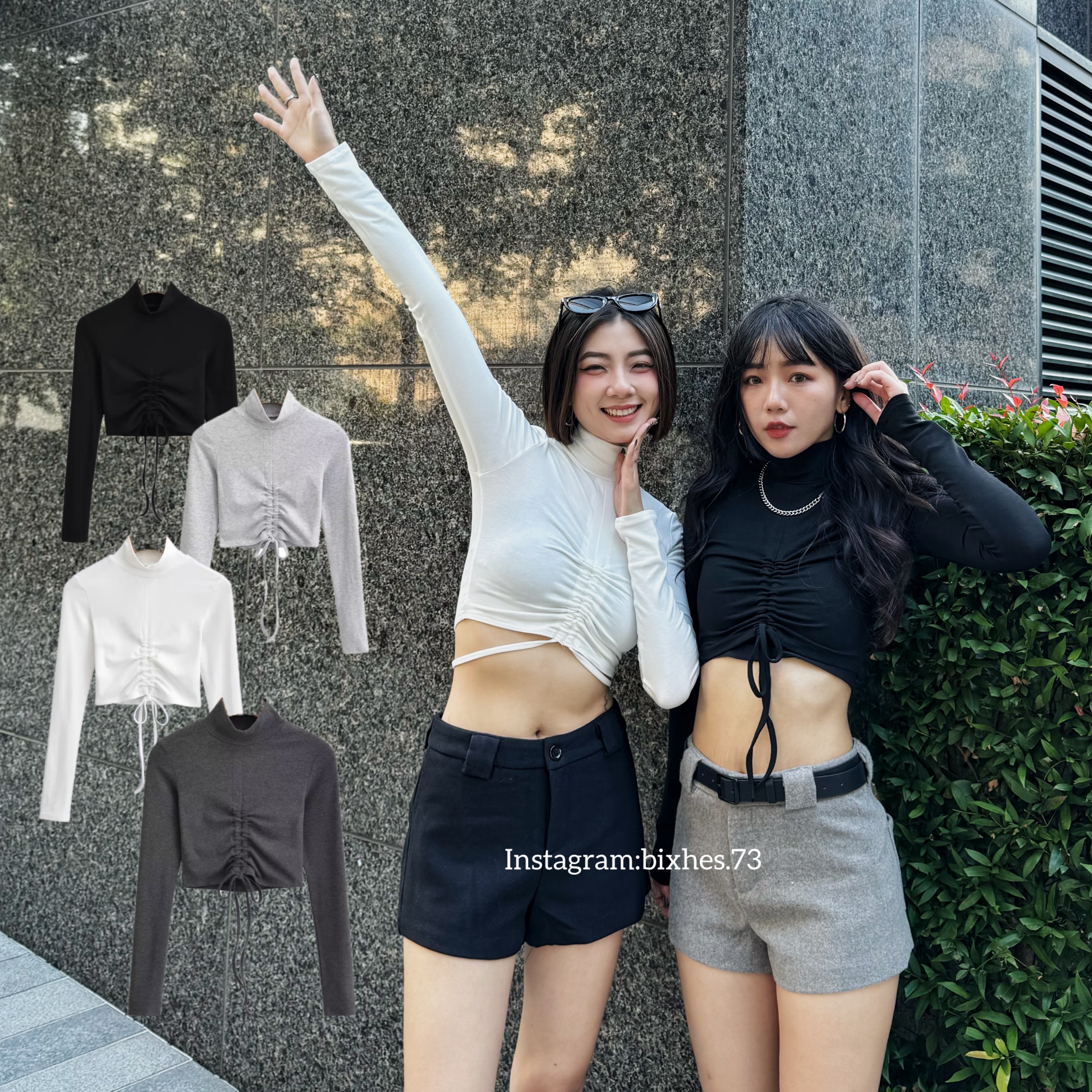 高領中抽繩短版長T(B00011)