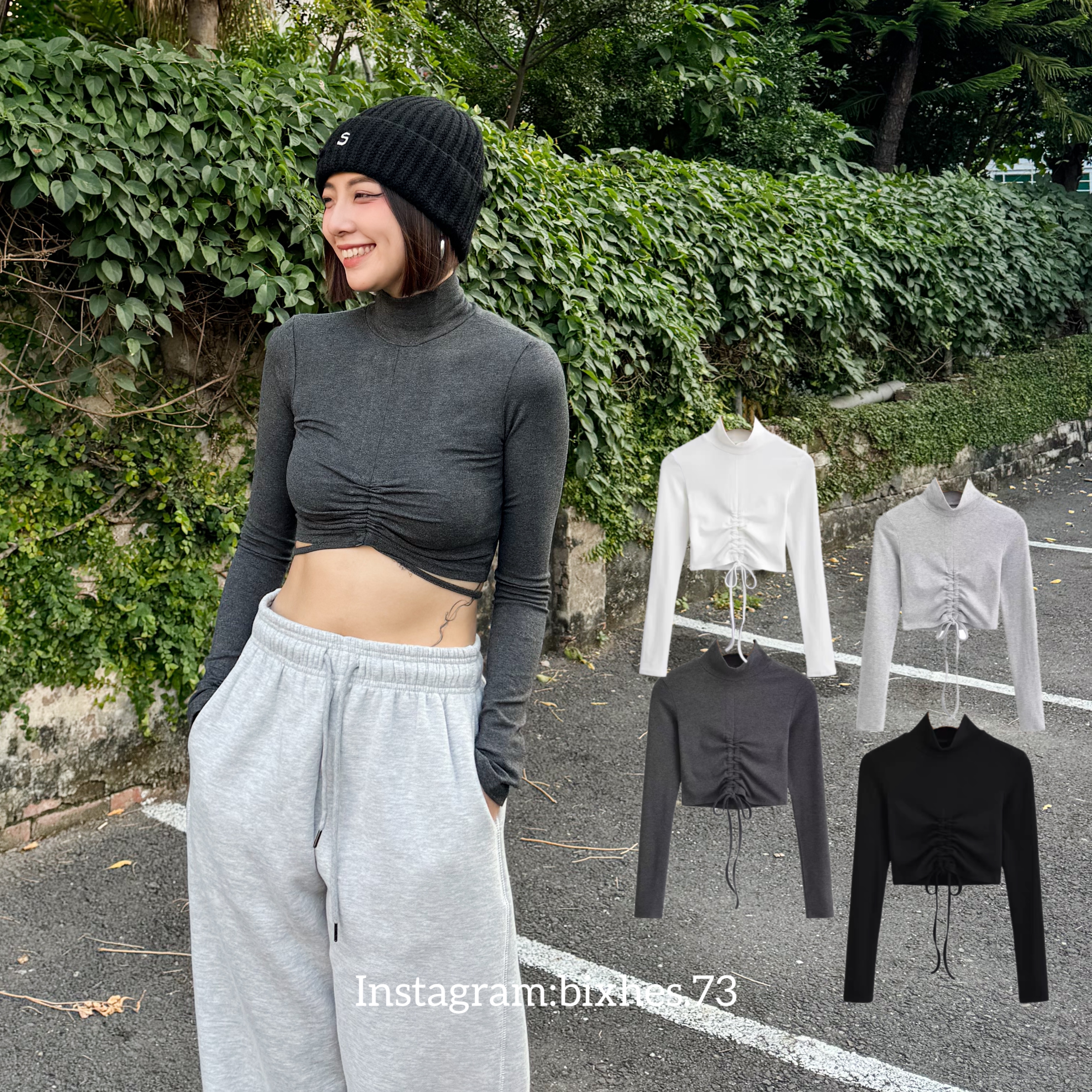 高領中抽繩短版長T(B00011)