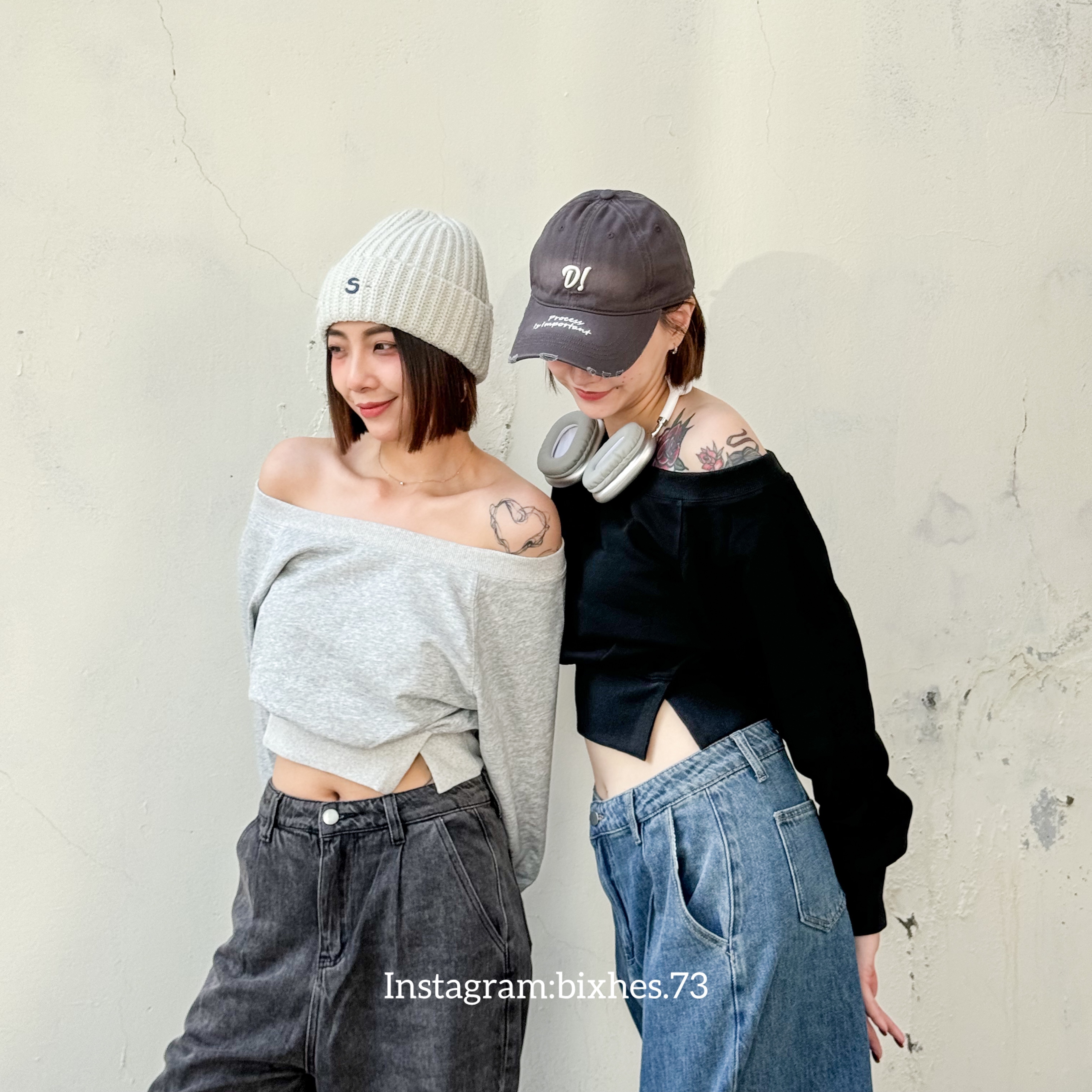 大圓領斜肩短版衛衣(B00013)