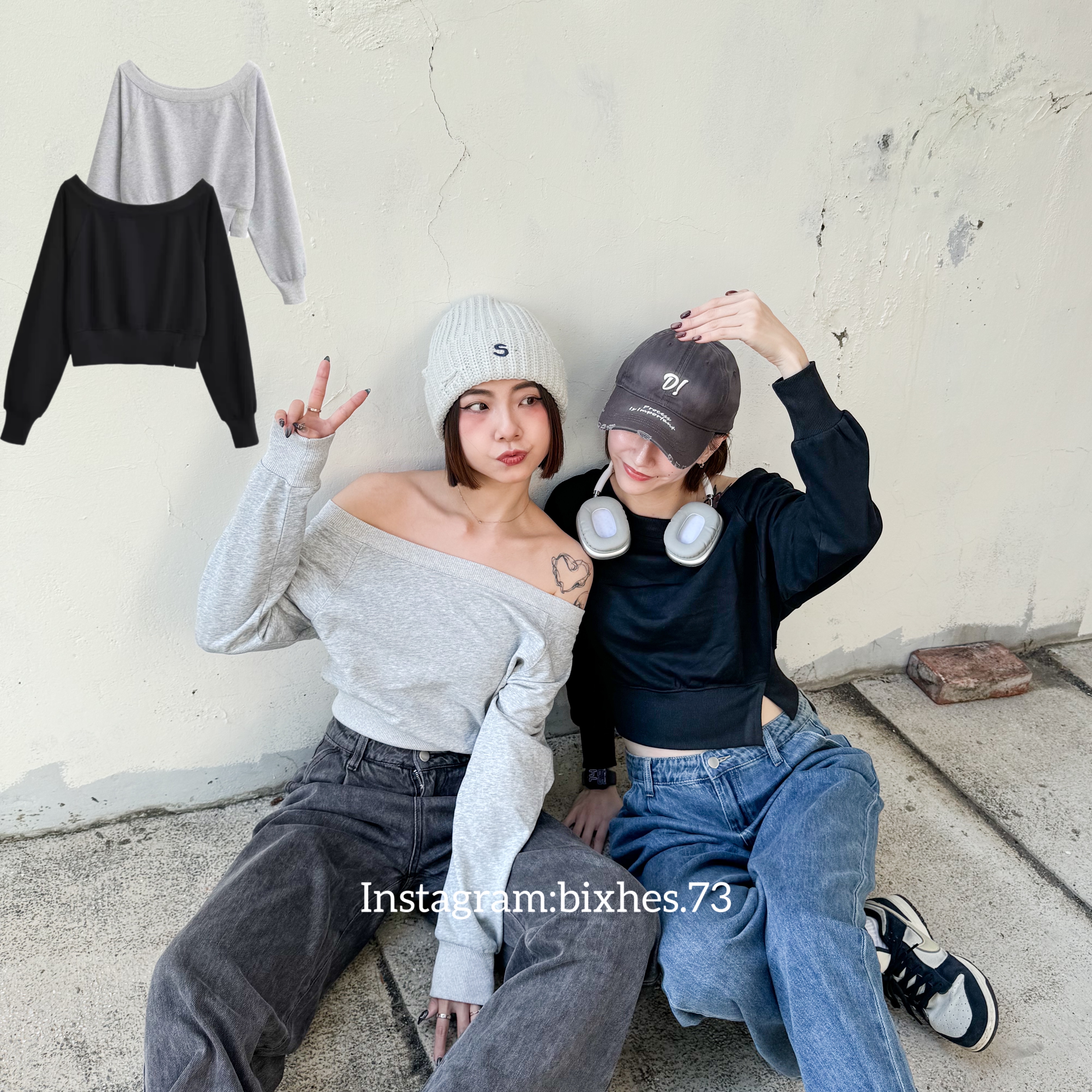 大圓領斜肩短版衛衣(B00013)