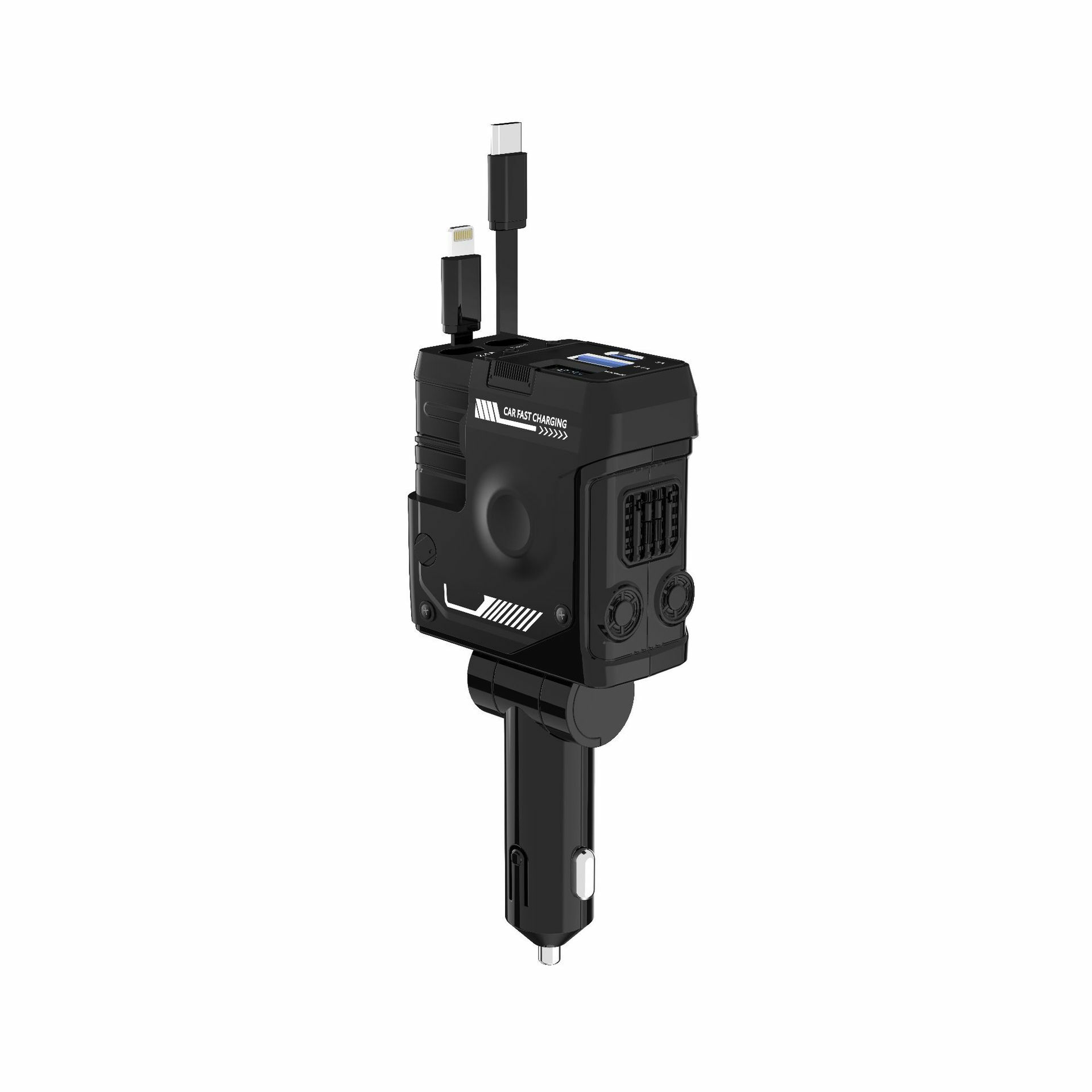 【VP吸血鬼】 120W超级快充伸縮車充 2條伸縮充電線，2孔充電孔，可旋轉