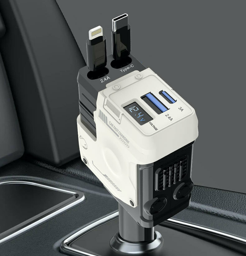 【VP吸血鬼】 120W超级快充伸縮車充 2條伸縮充電線，2孔充電孔，可旋轉