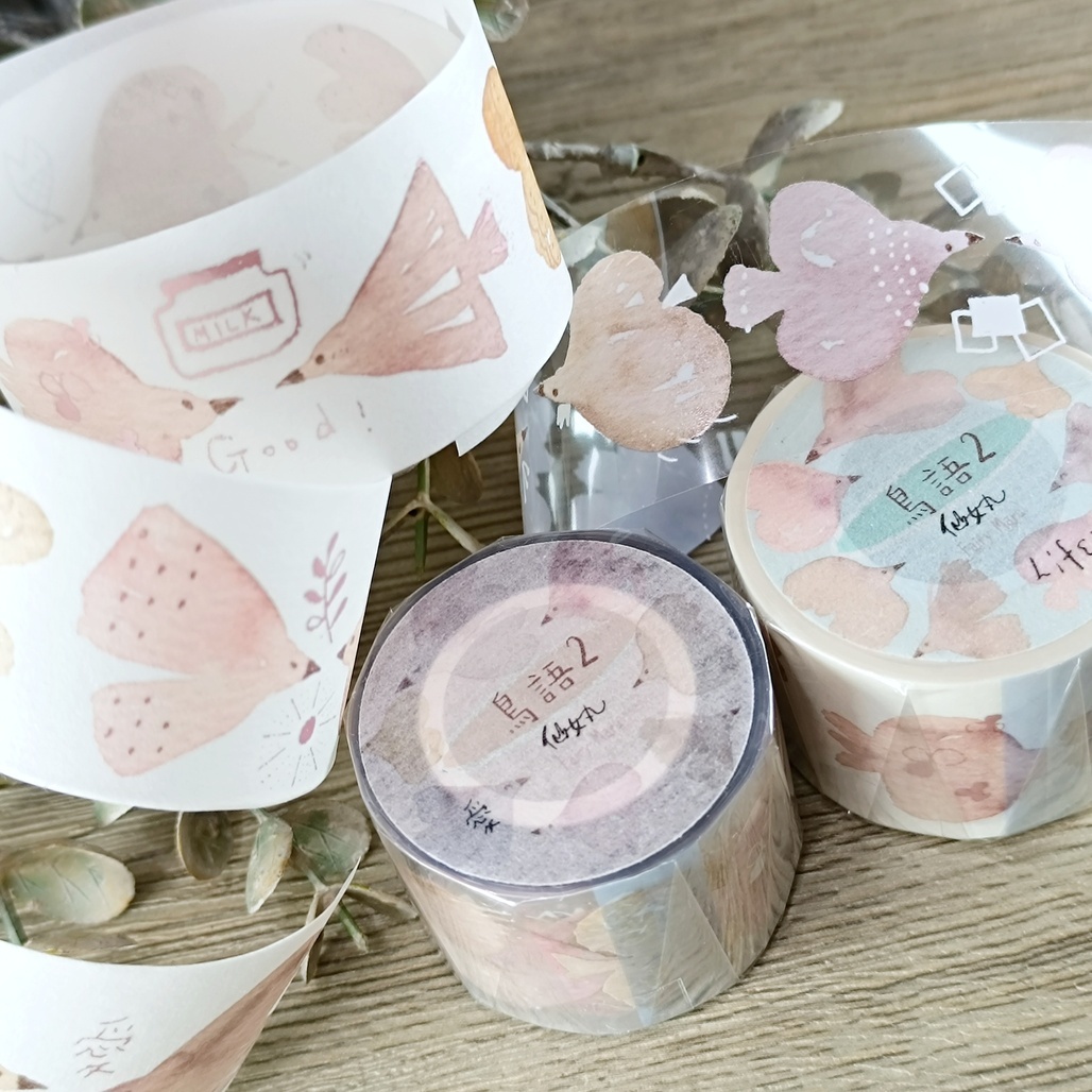 仙女丸Fairy Maru．鳥語2 3.5cm立體燙白亮面PET/霧粉金和紙膠帶 <整捲/分裝>