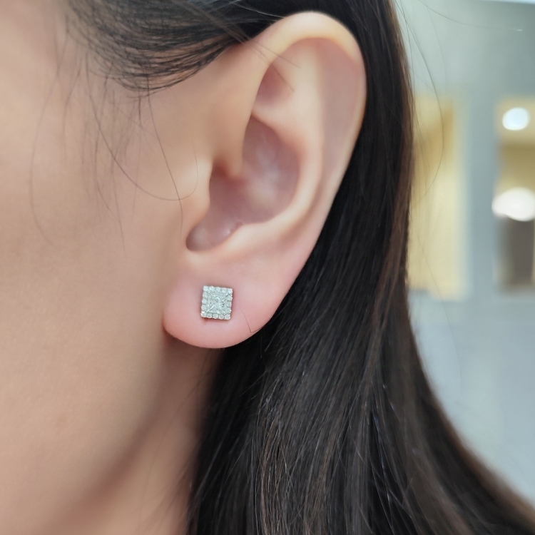公主方鑽石耳環