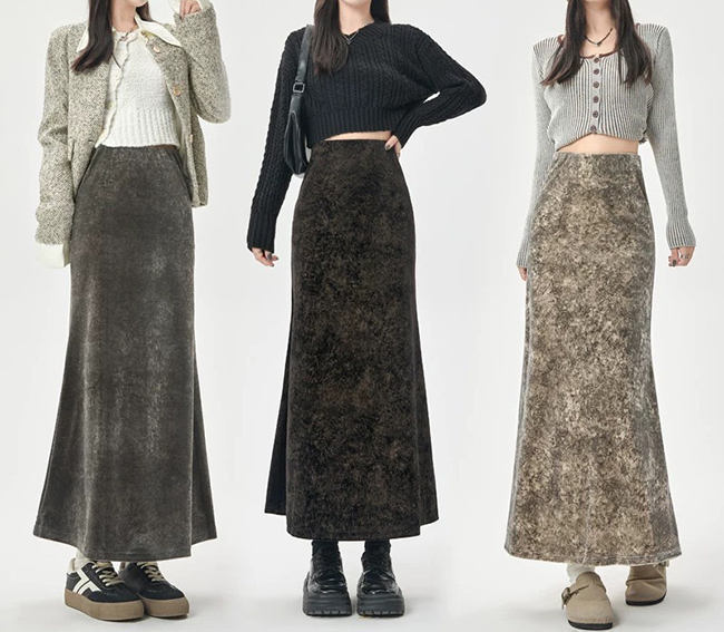 柔軟絨面料腰鬆緊長裙-兩色