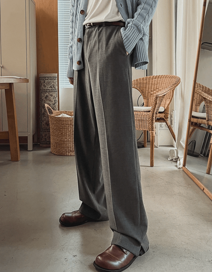 半寬開衩休閒西裝褲