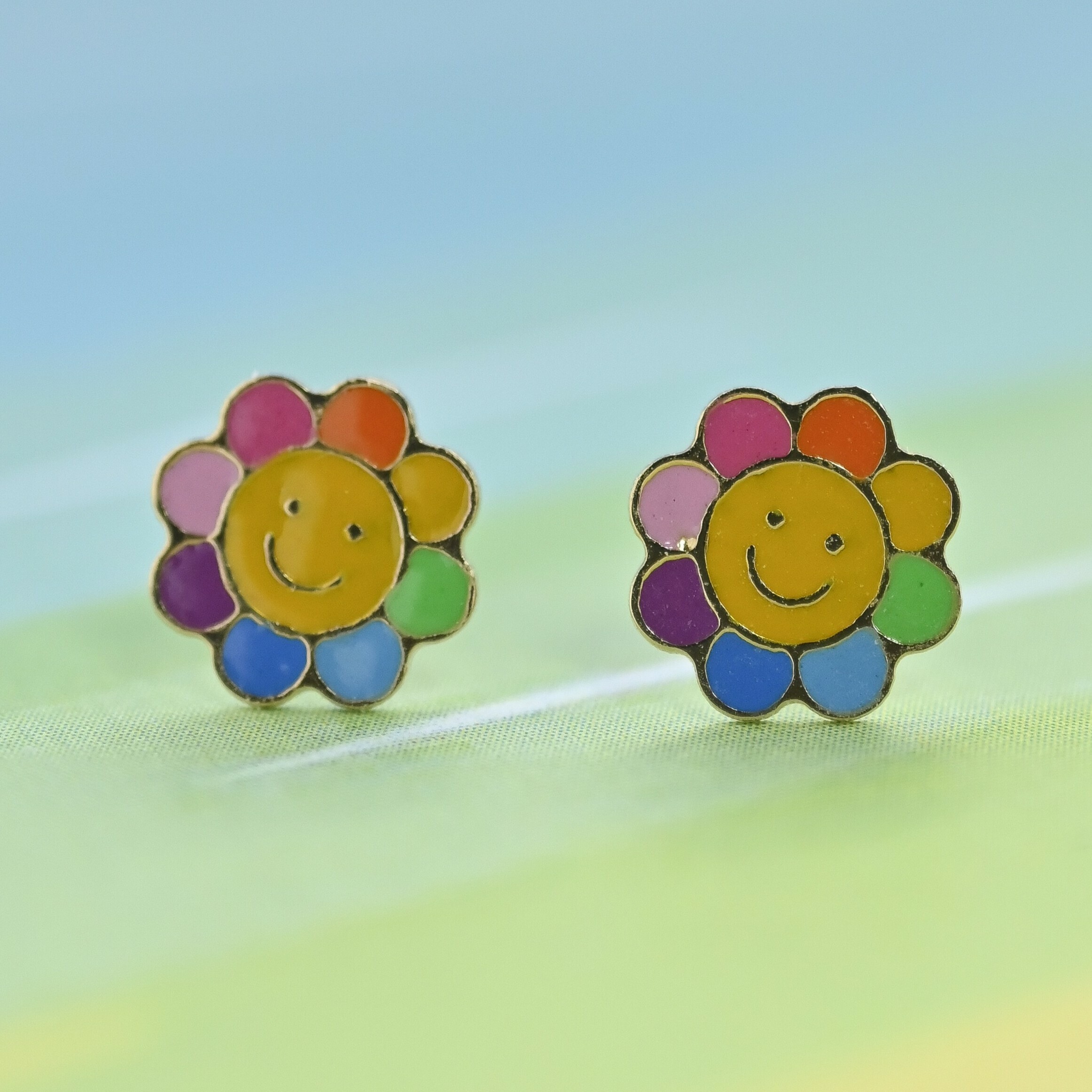 18K Enamel Smiley Sunflower Earring