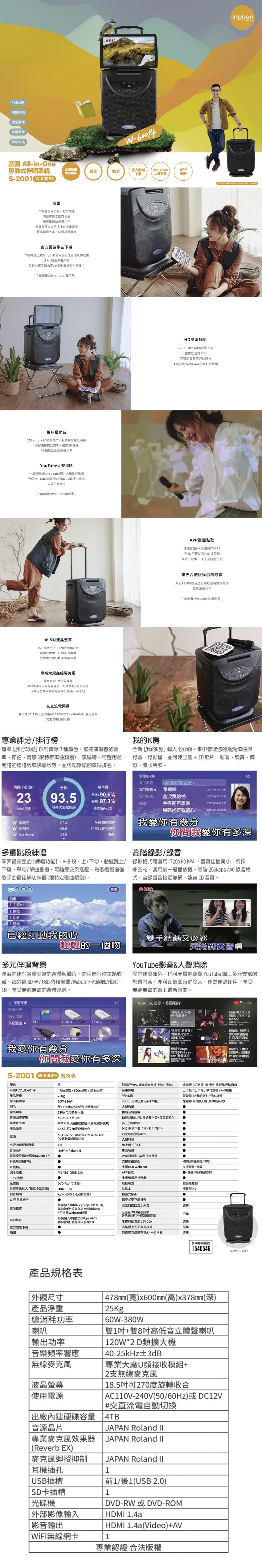 行動K居家娛樂露團康會議學街頭表演 AllinOne移動式伴系統法最多影下载YouTubeAPP消除S-2001 -P伴唱畫面同步顯示字清楚掌握音階與節拍快速易上手樂器者亦邊播曲彈奏提高學習效率降低學習難度官方雲端歌曲下載伴唱機連上網路可下載每月發行之法版權含MIDI及原聲原影自行選擇下載容並自動錄到伴唱機內以-600S拍攝近無損錄音256Kbps AAC錄音,自錄接近無損保留細菌與立體感,媲美CD音質可CD紀念或分享YouTube聲消除輕鬆YouTube影片人聲進行歡唱整個YouTube都是我的曲,K歌等待切換系統情境以-600S拍攝示意185液晶螢幕169標準比例,270度旋轉合可播放DVDS影片觀看並可輸入MI影像當專業無線專業大廠U標準配備2支無線,可擴增4支同步使用需另加購無線麥克擴充模一組2支交直流電兩用直流電DC 12V交流電AC110V-220V 5060Hz皆可使用交直流電自動切換高清720p HD* MP4錄影格式畫質佳且檔案小完整記錄最美好的時光需搭配WebCam或攝影機使用APP智慧使用音系列點歌本APP手機平板就是你的遙控器找歌、點歌、播放控制更方便業界合法版權歌曲最多原廠19100合法版權歌曲為業界最多並持續更新「情境以W-600S拍攝示意KARAOKE專業評分/排行榜專業評分功能]以紅黃綠3種顏色,監控演唱者的音準、節拍、情感限特定歌曲類別演唱時,可選用含簡譜的線譜版或訊息版等,並可紀錄您的演唱排名我的K房全新[我的K房]個人化介面,集中管理您的最愛歌曲與錄音、錄影檔,並可建立個人ID照片,點唱、欣賞、備份、隨心所欲。雯雯的K房1/2我的最愛 自動點播全部累計排名(全)分數精準度我的錄音  嗶2017-06-15 2393.5音準90.6%節拍:97.3%我的錄影含淚跳恰恰109人中月亮代表我的心情感加分:3次今夜再想你月亮代表我的心 20:302017-05-23 20:232017-05-23 W W 97.3今夜擱在想你我愛你有幾分96.5月亮代表我的心Eva Huang94.9姊姊你問我愛你有多深多重跳練唱業界最完整的[練唱功能],A-B段、上/下句、動態跳上/下段、單句/單曲重複,可隨意交叉搭配,為歌唱班儲備歌手的最佳練功神器(限特定歌曲類別)。高階錄影/錄音錄影格式可選用:720p HD MP4,畫質佳檔案小:或採MPEG-2,適用於一般播放機。高階256kbps AAC 錄音格式,自錄聲音接近無損,媲美CD音質。REC 歌A1[歌段間奏已經打動我的心手結又巡輕輕的一個吻天光到黃昏啊多元伴唱背景YouTube影音&人聲消除原廠有各種豐富的背景與圖片,亦可自行依主題收藏,或外插SD卡/USB外接裝置/Webcam/光碟機/HDMI-IN,享受無窮無盡的背景來源。 伴唱背景原廠User收藏邊SDUSB-1USB-2除歌庫外,也可簡單地瀏覽 YouTube 線上多元豐富的影音內容,亦可在線即時消除人,作為伴唱使用,享受無窮無盡的線上最新歌曲。1/2YouTube/搜尋:圖HDMI-INWebCam光碟機我愛你有幾分你問我愛你有多深S-2001 W-600 規格表-知(週唱片 24小時音樂 林合和-黑社會(合唱片官方  4215淨Angel。唱片官方正式HD  次:-你甘會(合片官方正式HD  蔡淳云「傷心的酒杯」營片 官方HD畫質勾勾手Pinky sw  (唱片:  數:颜色智慧評分(依據演唱者音調、節拍、情感)外觀尺寸_寬x高x深478mm(寬)(高)x378mm(深)多重練唱線譜版/訊息版、排行榜、挑戰排行榜目錄上下段/上下句/單句重複/A-B重複產品淨重25Kg我的K最愛歌曲、我的錄影、我的錄音消耗60W-380WYouTube 線上影音(可伴唱)在線即時消除人聲(需切換系統)喇叭雙1+雙8高低音立體聲喇叭人聲教唱輸出功率120W*2 D類擴大機挑戰選歌音樂率響應40-25kHz±3dB無線專業大廠頻接收模組+2支無線快速找歌(注音/漢語雙拼音,與英數輸入) 多元曲庫液晶螢幕電源音源晶片容量專業麥克風效果器(Reverb EX)麥克風18.5可270度旋轉收合A(交直流電自動切换)JAPAN Roland MIDI歌詞字體切換(繁中/簡中)C110V-220V(50/60Hz)或DC12V日文歌詞漢字顯示.人聲報幕4TB線上程式升級影音收藏收藏自製影片&圖片當背景支援歌曲類型MIDI/原聲原影/MP3耳機插孔USB插槽SD卡插槽光碟機支援USB Webcam支援技、微軟(音N系列點歌本)前1/後1 (USB 2.0)APP點歌支援營業用投幣器鍵盤遙控器外部影像輸入(播歌中當背景)HDMI1.4a影音輸出WiFi 無線網卡DVD-RW(可燒錄)AV+ HDMI 1.4a(限影像)遙控裝置點歌本摺疊式腳架精裝型×1摺疊式麥克風掛架錄製個人專屬MV (720p HD* MP4)音外套選購高階錄影備份管理、燒錄個人MV資料DVD#可搭配Webcam錄影錄製個人單曲(256Kbps AAC)音圓配件收納手提袋(可收納歌本+鍵盤遙控器)選購高階錄音備份管理､燒錄個人音樂CD手提行動電源12V 20A選購官方雲端下载高階薩克司風專用模組選購簡譜無線麥克風擴充模組(一組兩支)選購發明專利案號I540546W-+產品規格表 外觀尺寸產品淨重總消耗功率 喇叭輸出功率音樂頻率響應 無線麥克風 液晶螢幕478mm(寬)x600mm(高)x378mm(深) 25Kg60W-380W 雙1吋+雙8吋高低音立體聲喇叭 120W*2 D類擴大機40-25kHz±3dB專業大廠U頻接收模組+ 2支無線麥克風18.5吋可270度旋轉收合 使用電源 AC110V-240V(50/60Hz)或DC12V#交直流電自動切換出廠內建硬碟容量 4TB 音源晶片JAPAN Roland II專業麥克風效果器  JAPAN Roland II(Reverb EX) 麥克風迴授抑制JAPAN Roland II1耳機插孔 USB插槽 SD卡插槽光碟機 外部影像輸入影音輸出 WiFi無線網卡 前1/後1(USB 2.0)1 DVD-RW或DVD-ROMHDMI 1.4a HDMI 1.4a(Video)+AV1專業認證 合法版權