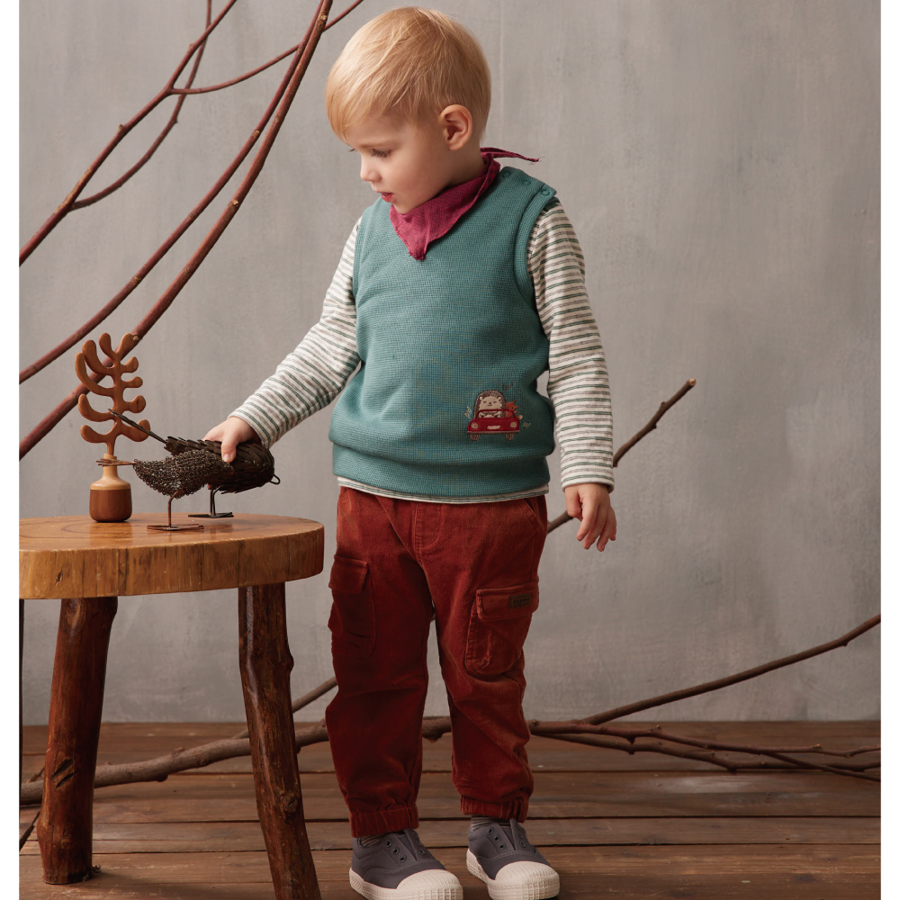 PIPPY 暖暖小汽車彈性棉圓領針織背心   綠