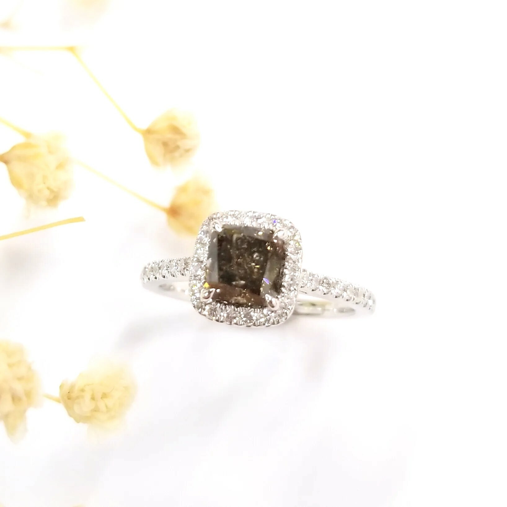 18K White Gold 1.57ct Fancy Brown Cushion Cut Diamond Ring