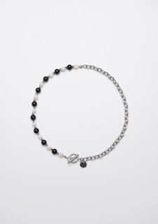 Mixture-MP030 淡水珍珠拼接黑瑪瑙石串接純鋼蛋型圈項鍊