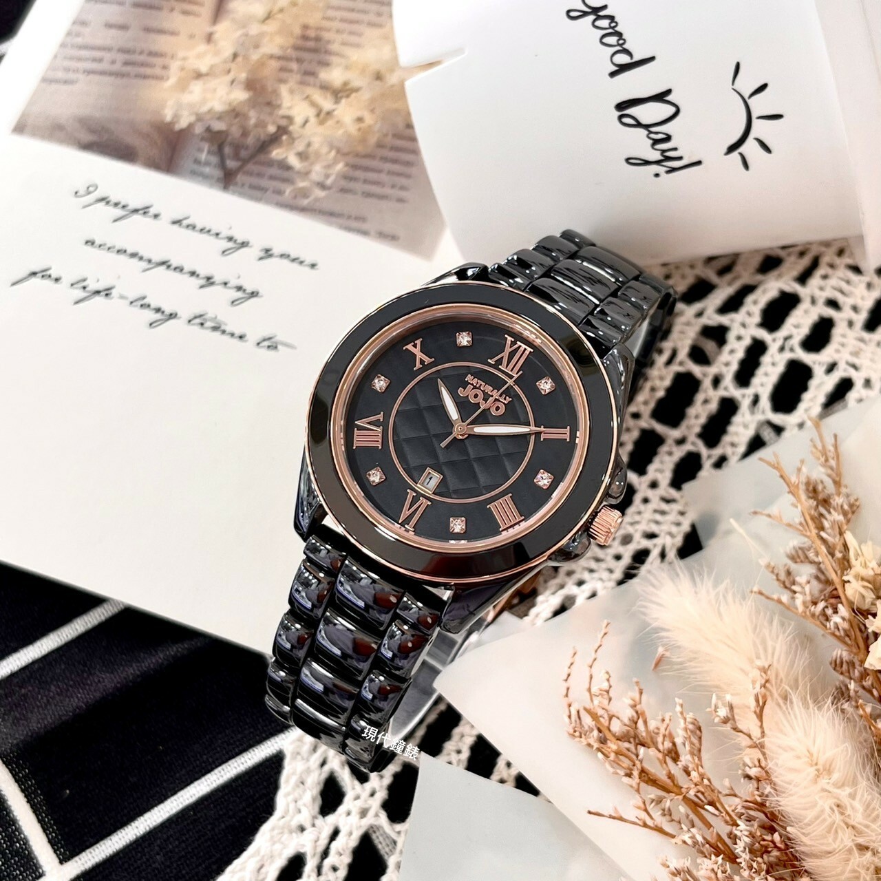 【NATURALLY JOJO】氣質小香風水鑽陶瓷腕錶 JO96995-88R 37mm 現代鐘錶