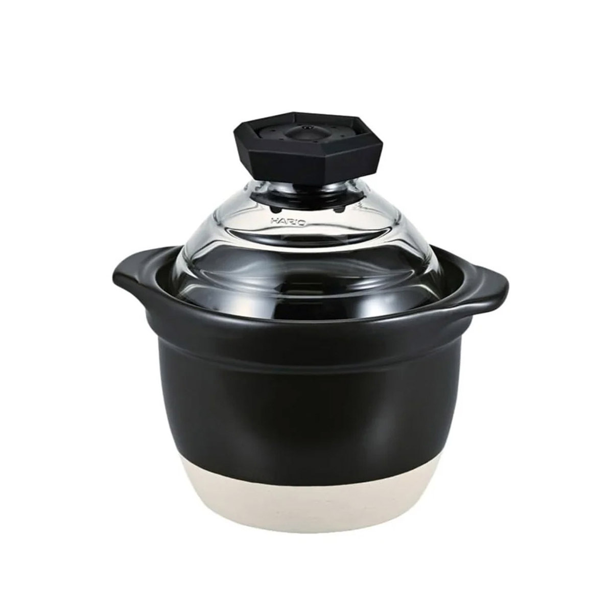 日本HARIO萬古燒陶瓷飯釜連玻璃蓋 1~2人用 -GNR-150-BW