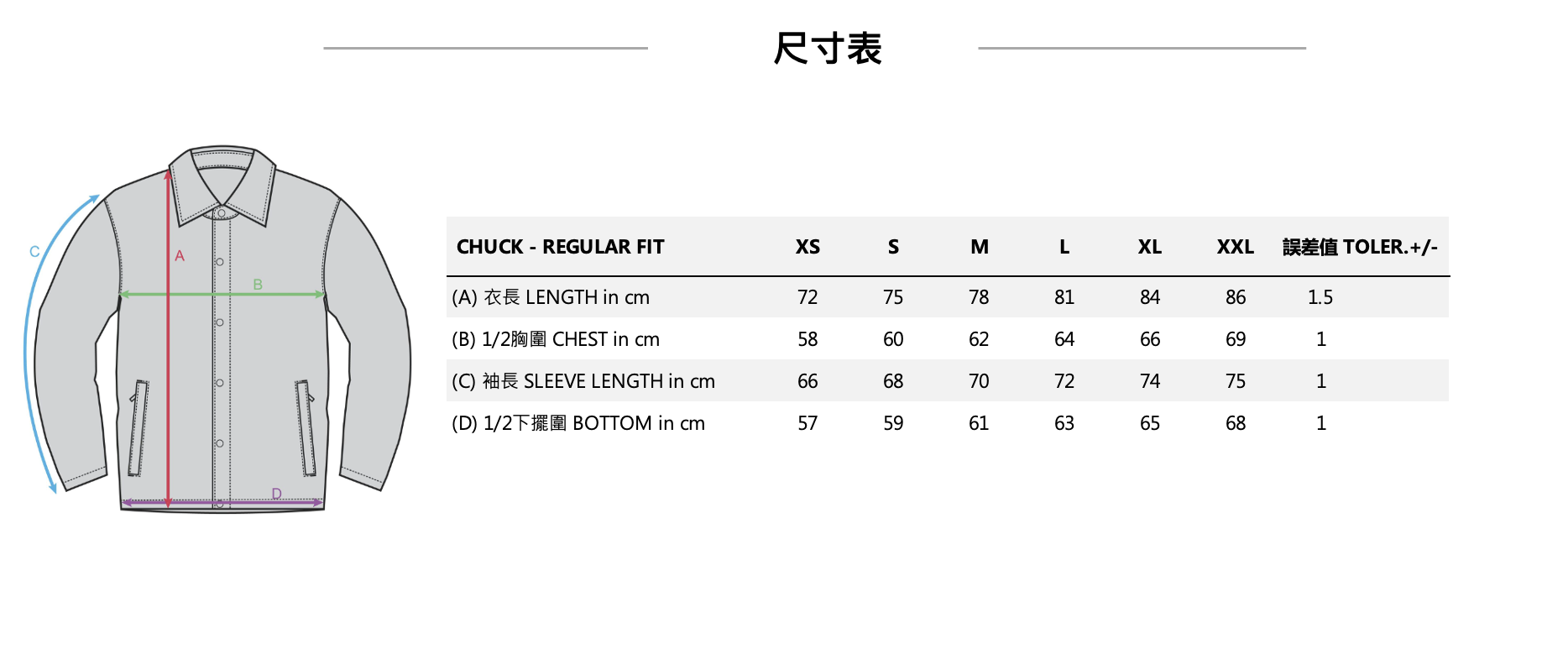 CHUCK JACKET FW23男款時尚滑雪外套  (10K/10K) 尺寸表