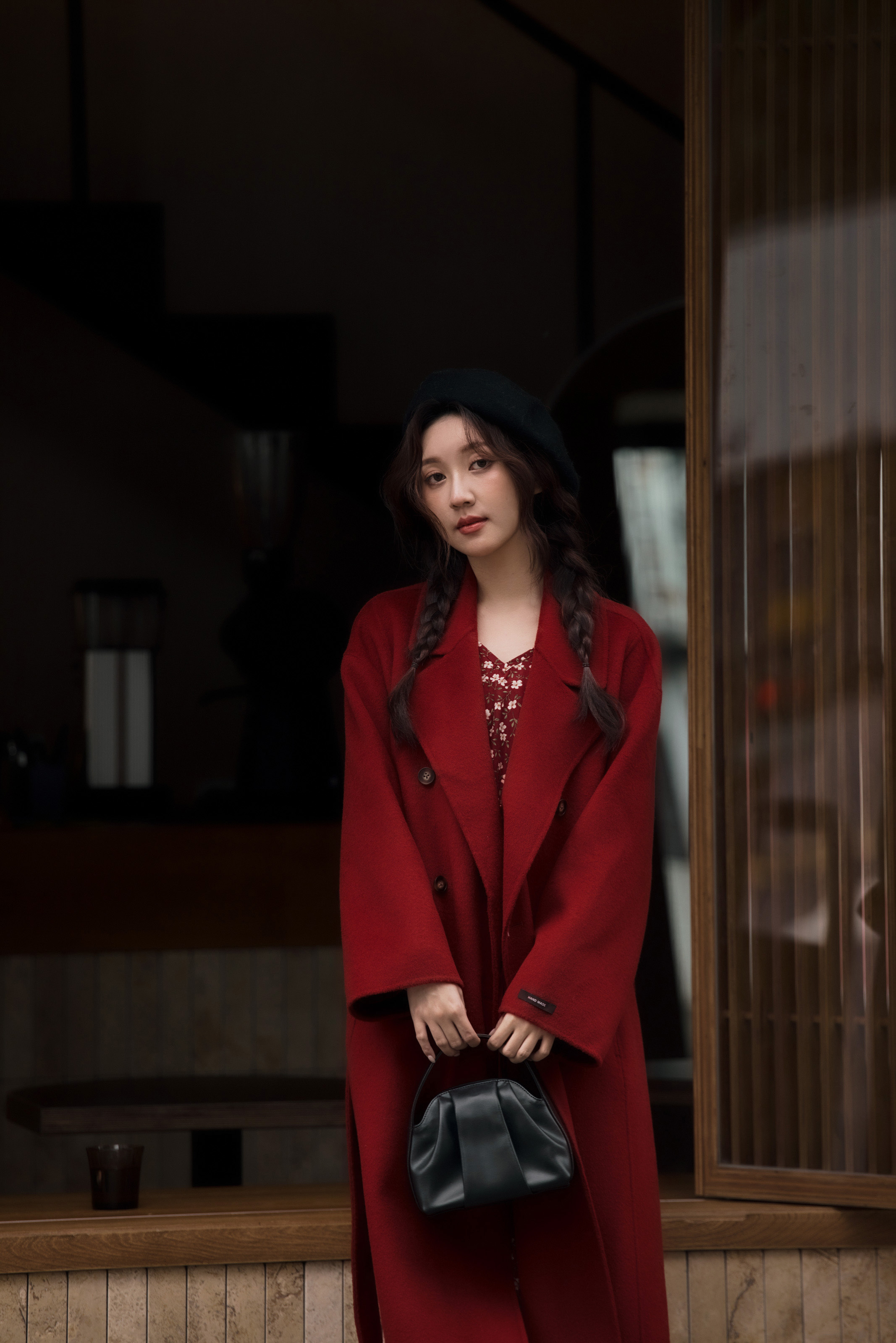 guten made/100％羊毛 長版細節落肩手工大衣-紅