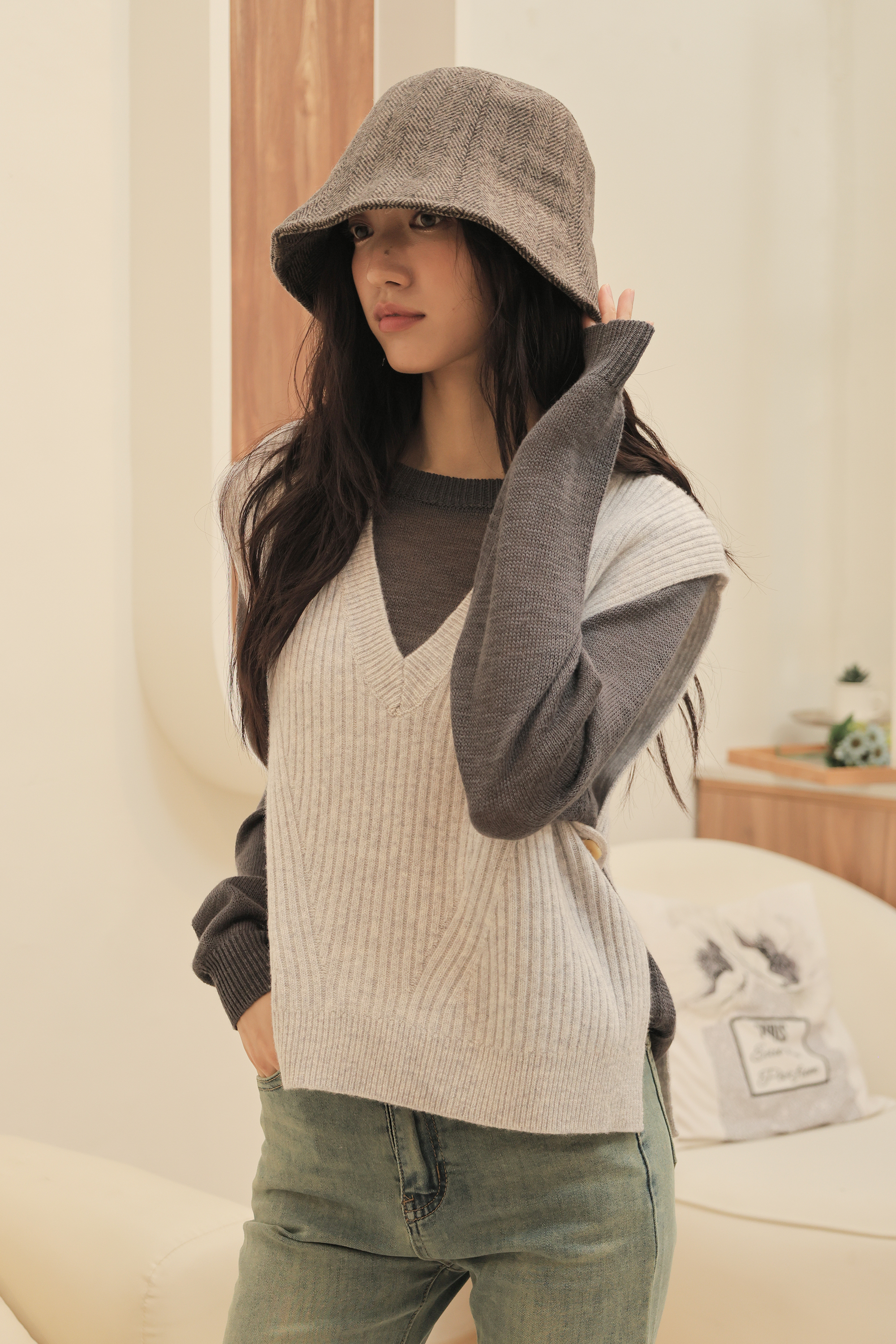 人字呢保暖水桶帽