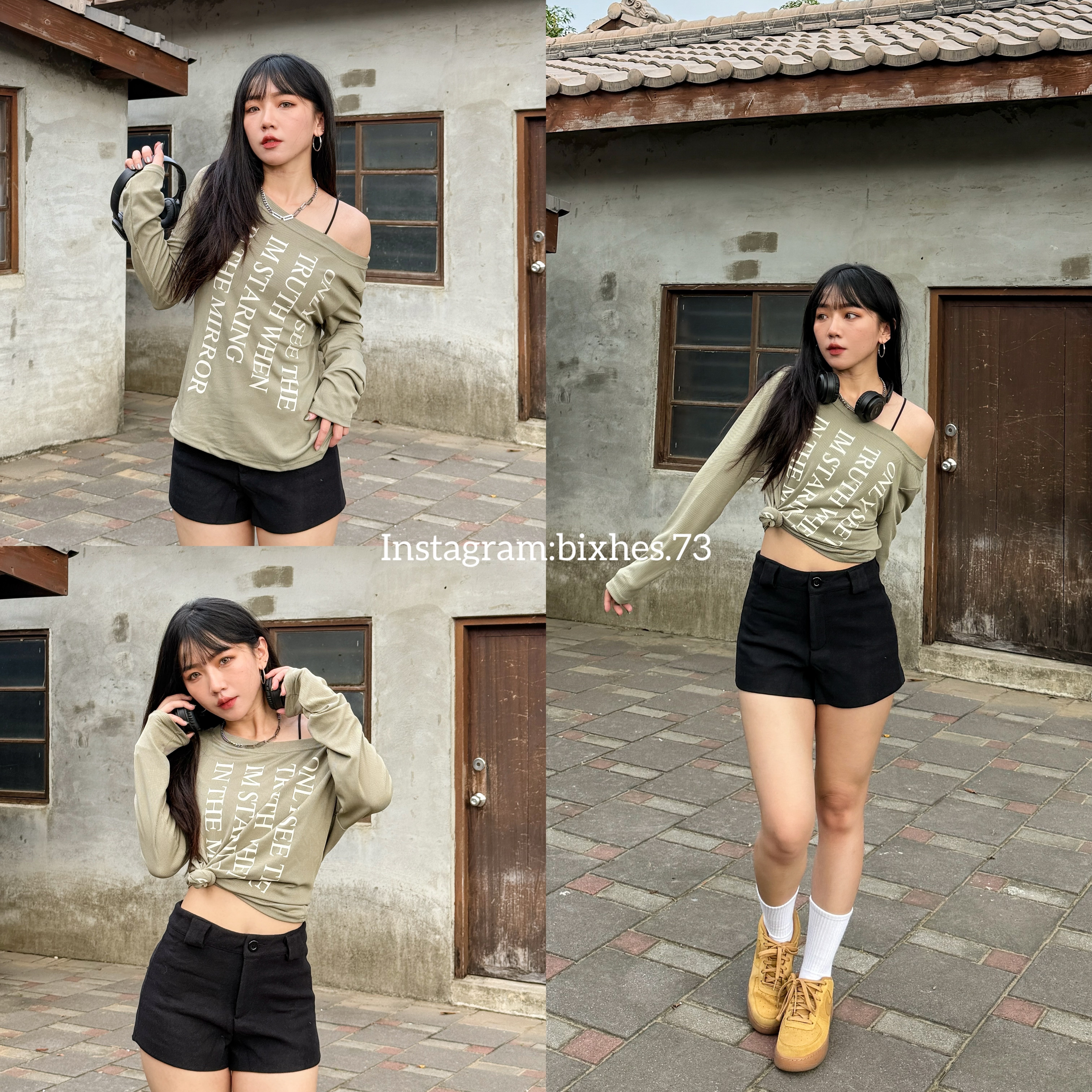 滿版字斜肩長T(B00015)