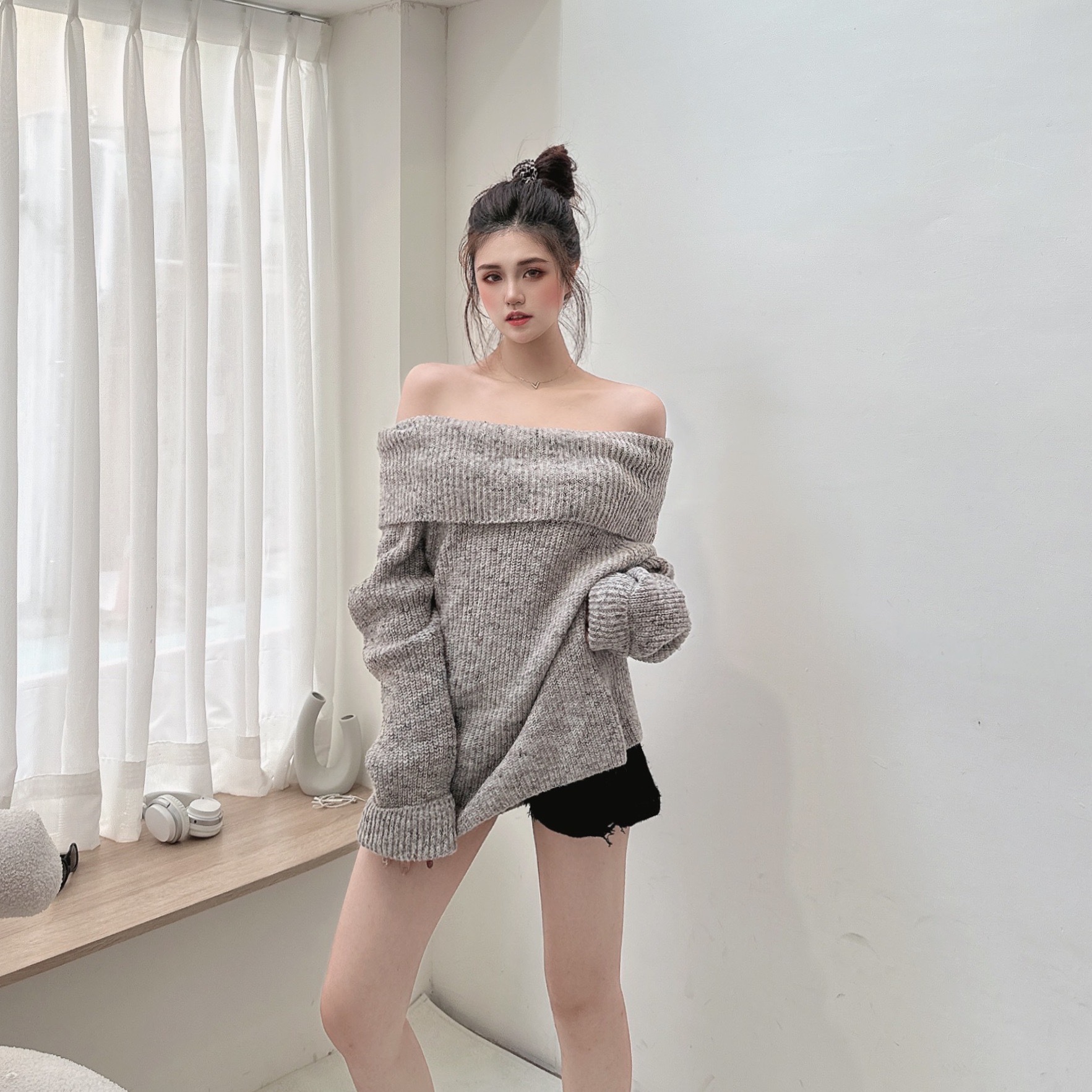 一字領彩點針織毛衣/單一色