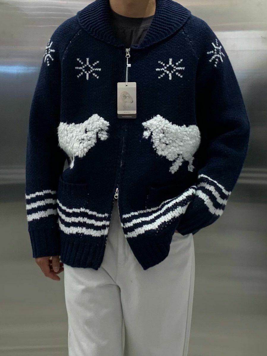 反領棉羊圖案拉鍊針織外套 HAND-049JK
