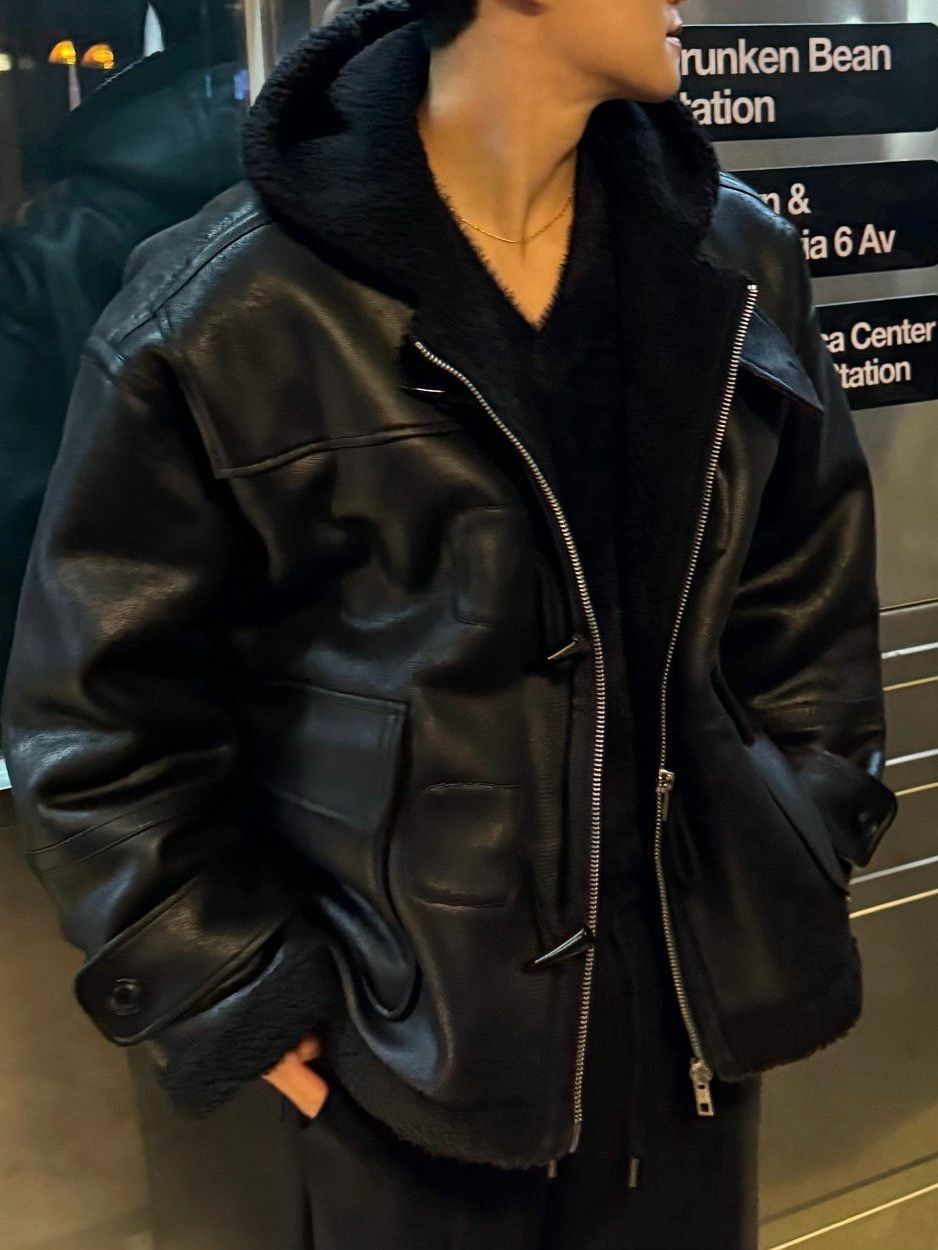 牛角扣連帽拉鍊合成皮褸 HAND-051JK