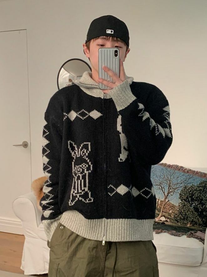 反領兔仔圖案拉鍊針織外套 DOT-073JK