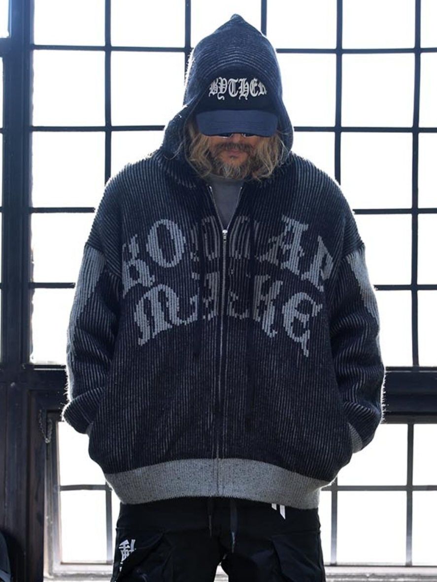 雙色針織連帽拉鍊外套