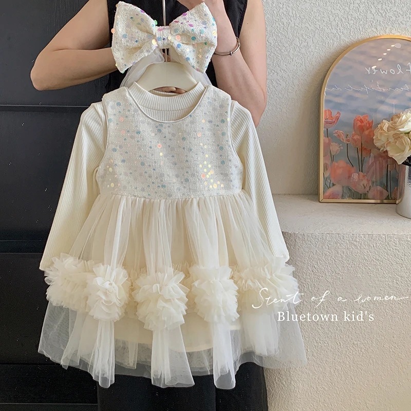 <兩件組> 半高領內搭上衣+亮面拼接背心紗裙 (送頭飾) 90-140cm #A26153