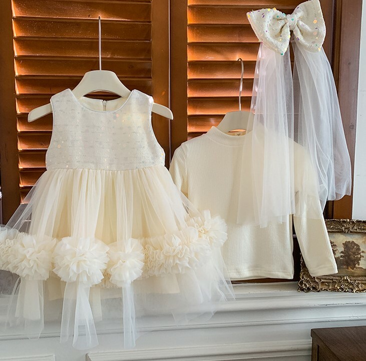 <兩件組> 半高領內搭上衣+亮面拼接背心紗裙 (送頭飾) 90-140cm #A26153