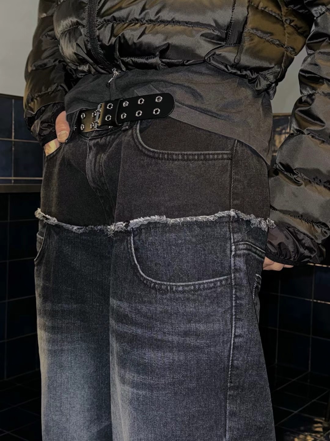 (GOAL) 正韓 韓國空運回台 雙腰頭 拼接 拚色 牛仔褲 寬褲 made in korea