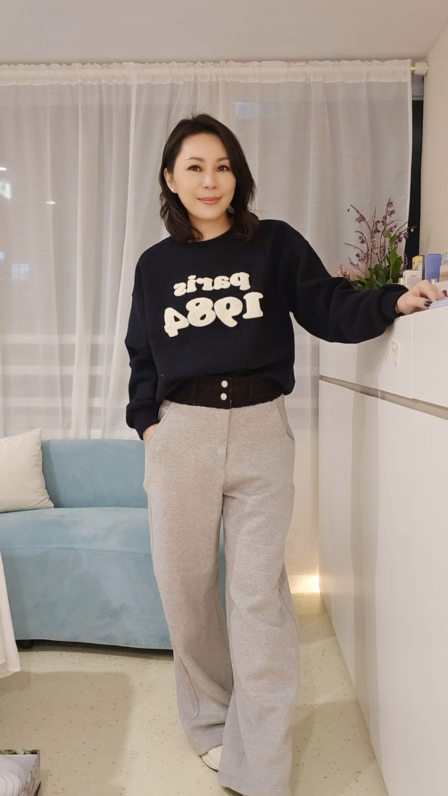 TC223 拼色牛仔腰邊休閒褲(中高腰)