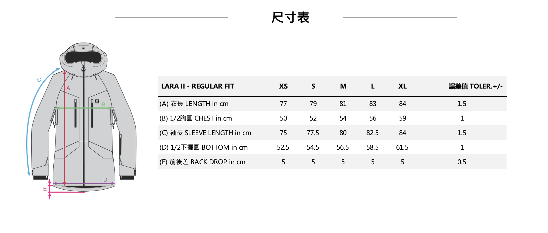 LARRA II JACKET FW24女款滑雪外套 (15K/15K)尺寸圖
