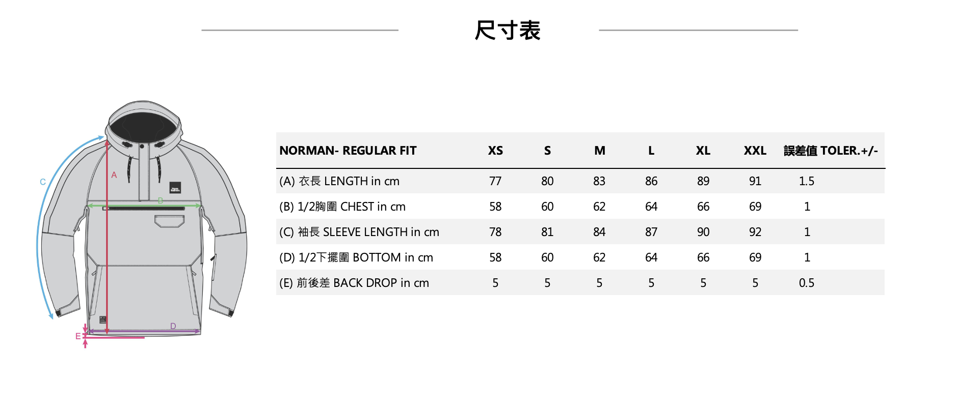 NORMAN JACKET FW23男款側開拉鍊滑雪外套 (15K/15K) 尺寸表
