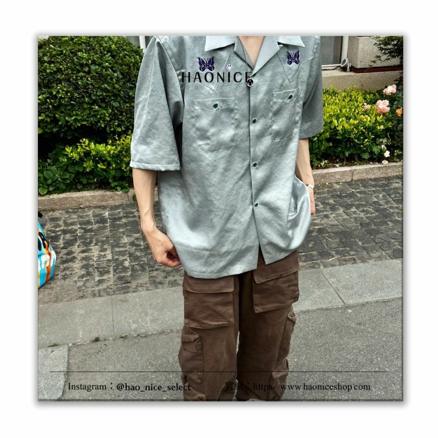 【HAO NICE】 NEEDLES x STUDIOUS 聯名款✨短袖襯衫 蝴蝶刺繡 復古 鈕扣