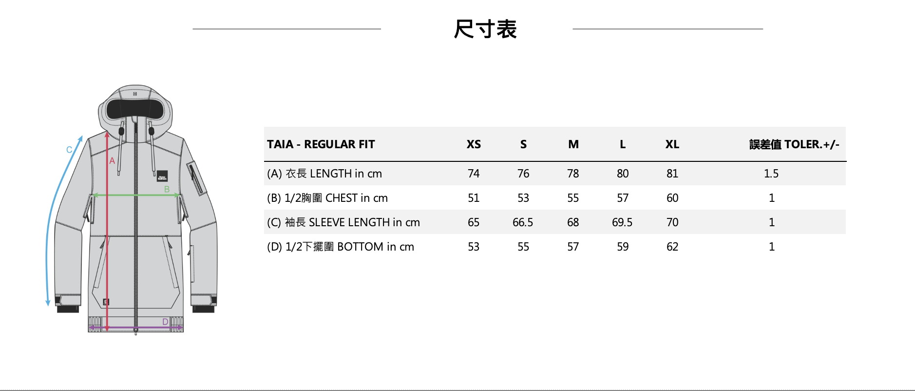 TAIA JACKET FW23女款滑雪外套 (10K/10K)尺寸表